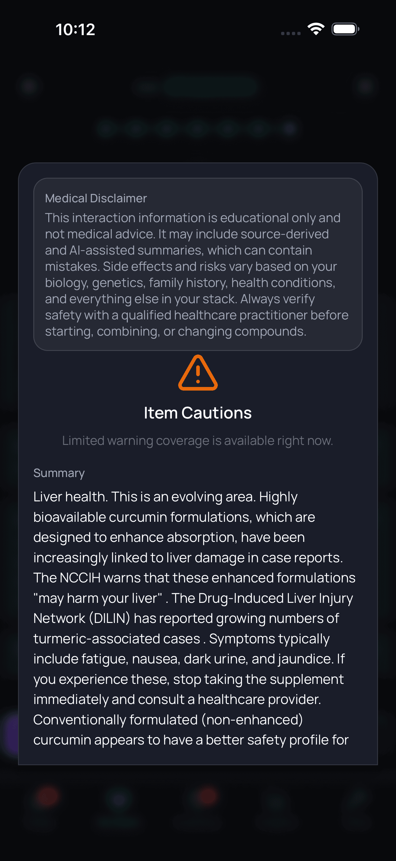 Doserly item cautions screen showing a supplement safety review.