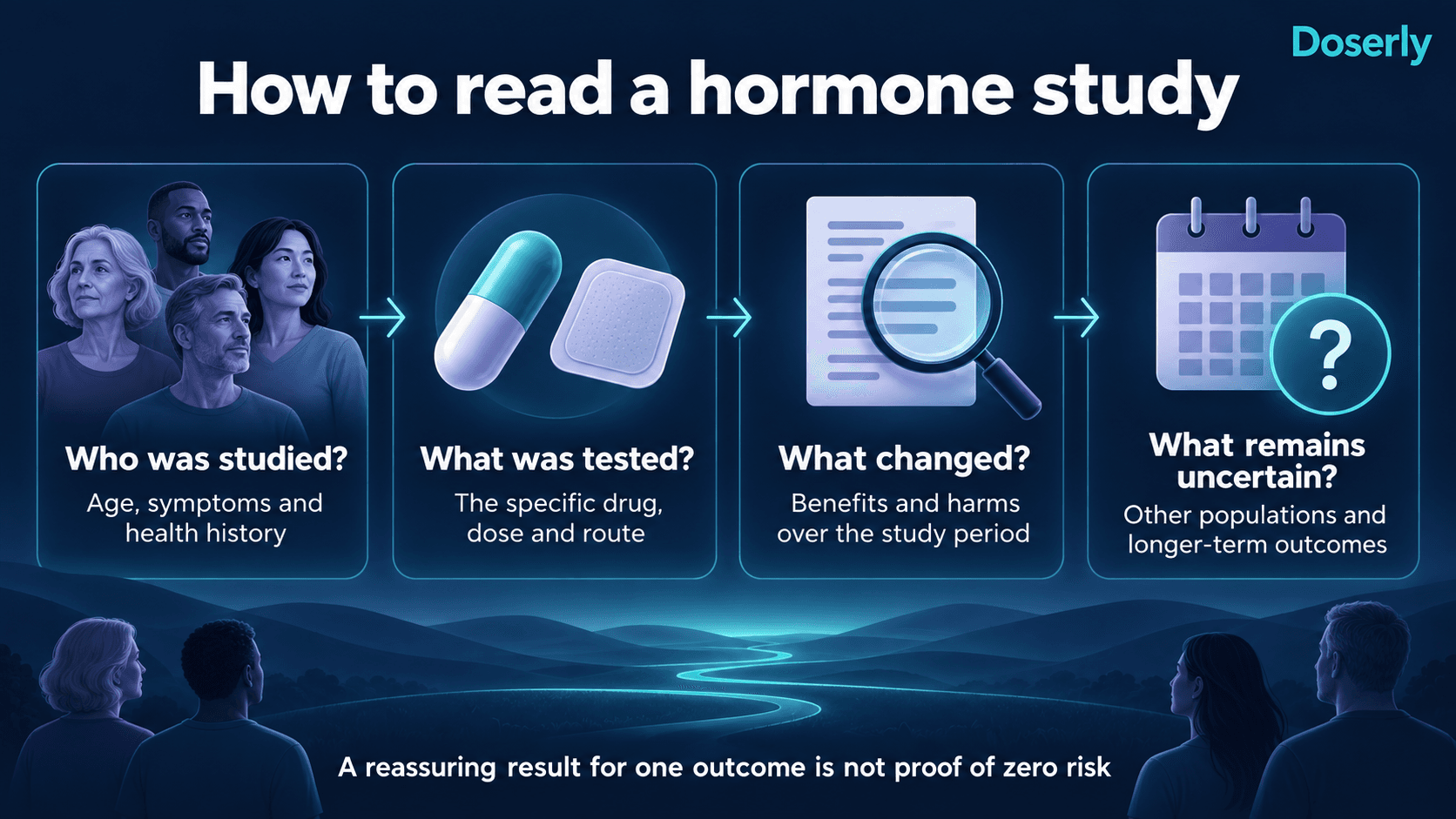 Four questions for interpreting hormone studies: population, treatment, outcomes and remaining uncertainty.