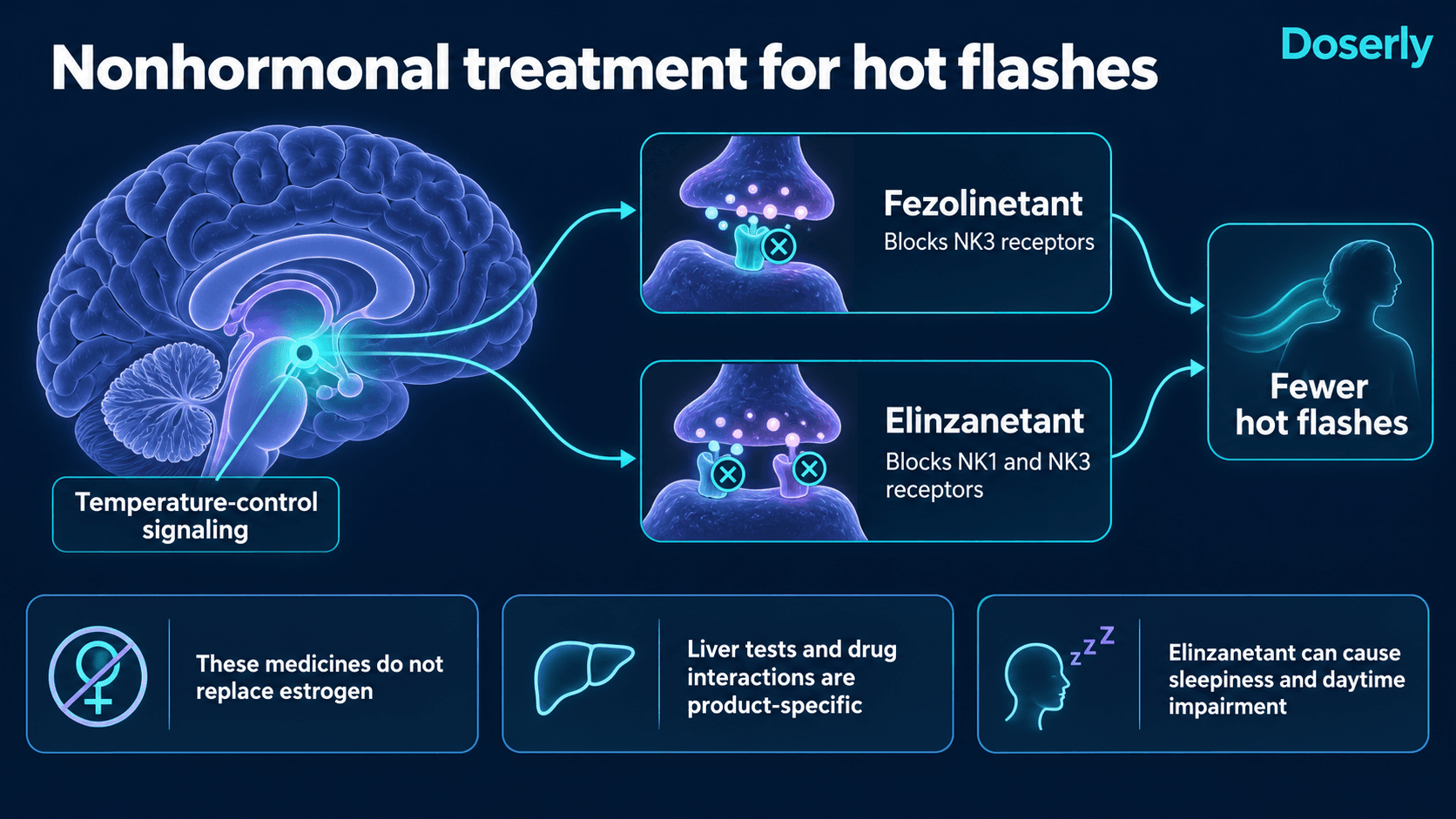 Fezolinetant blocks NK3 receptors; elinzanetant blocks NK1 and NK3 receptors in temperature-control pathways.