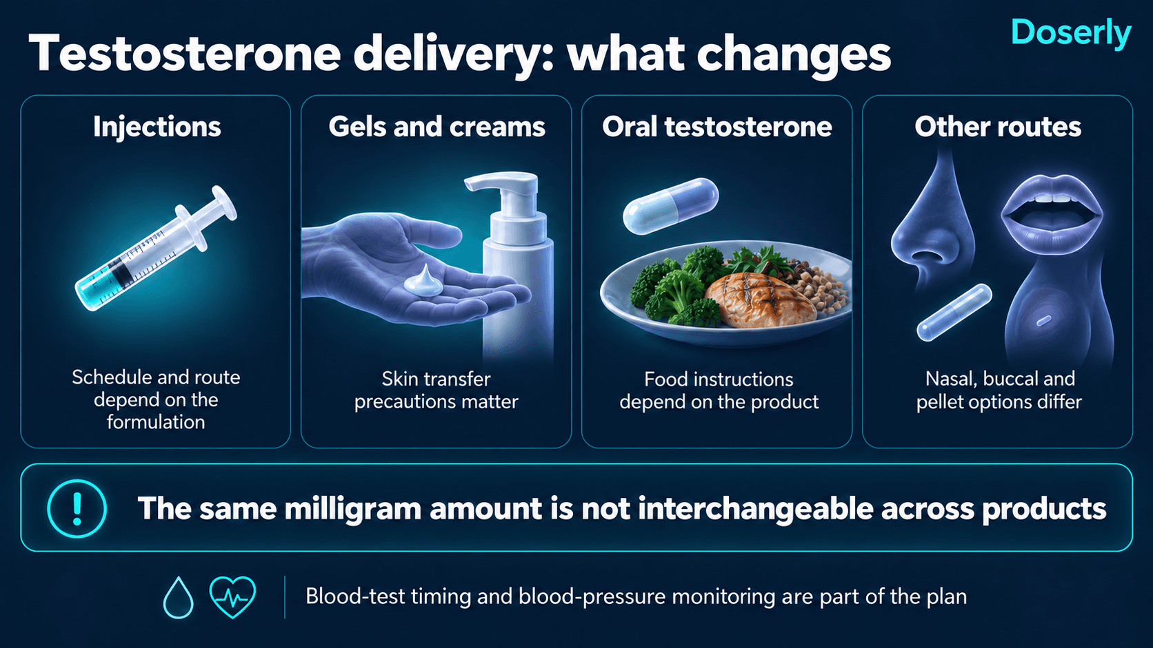 Testosterone delivery routes compared: injections, skin products, oral products, and nasal, buccal or pellet options.