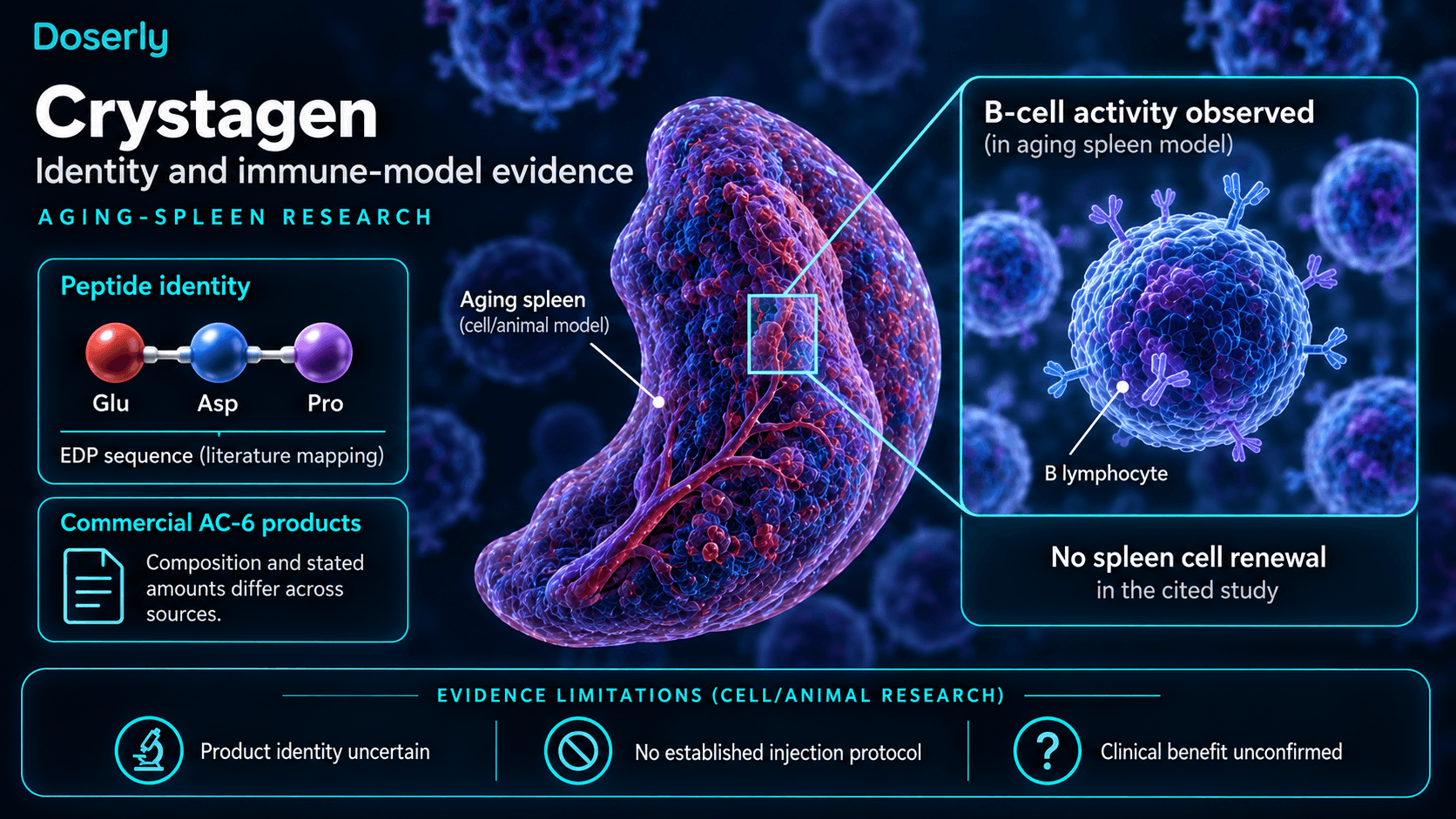 Identité du peptide Crystagen, résultats expérimentaux sur les cellules spléniques et incertitudes de formulation.