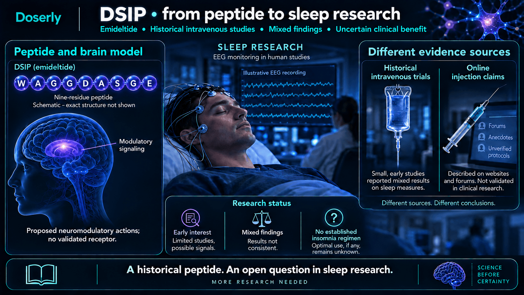 Peptide DSIP et études historiques sur le sommeil, distinguant les résultats cliniques mitigés des affirmations en ligne sur les injections.