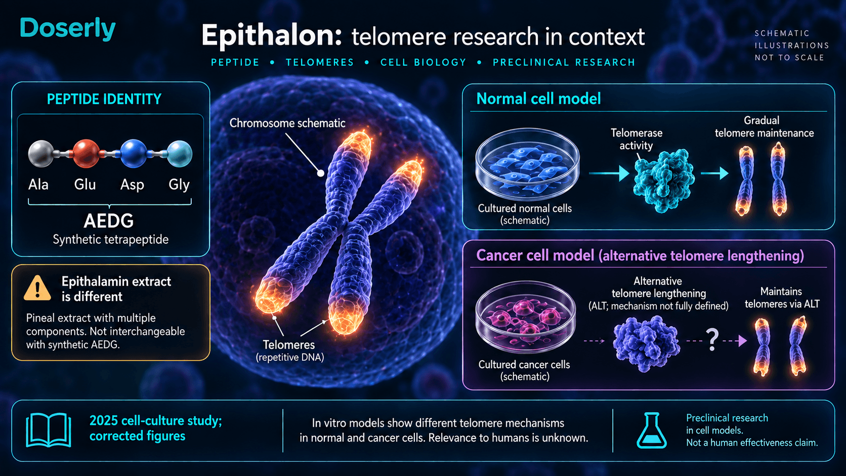 Identité de l’Epithalon et recherche sur les télomères dans des cellules normales et cancéreuses, distinctes de l’extrait d’épithalamine.