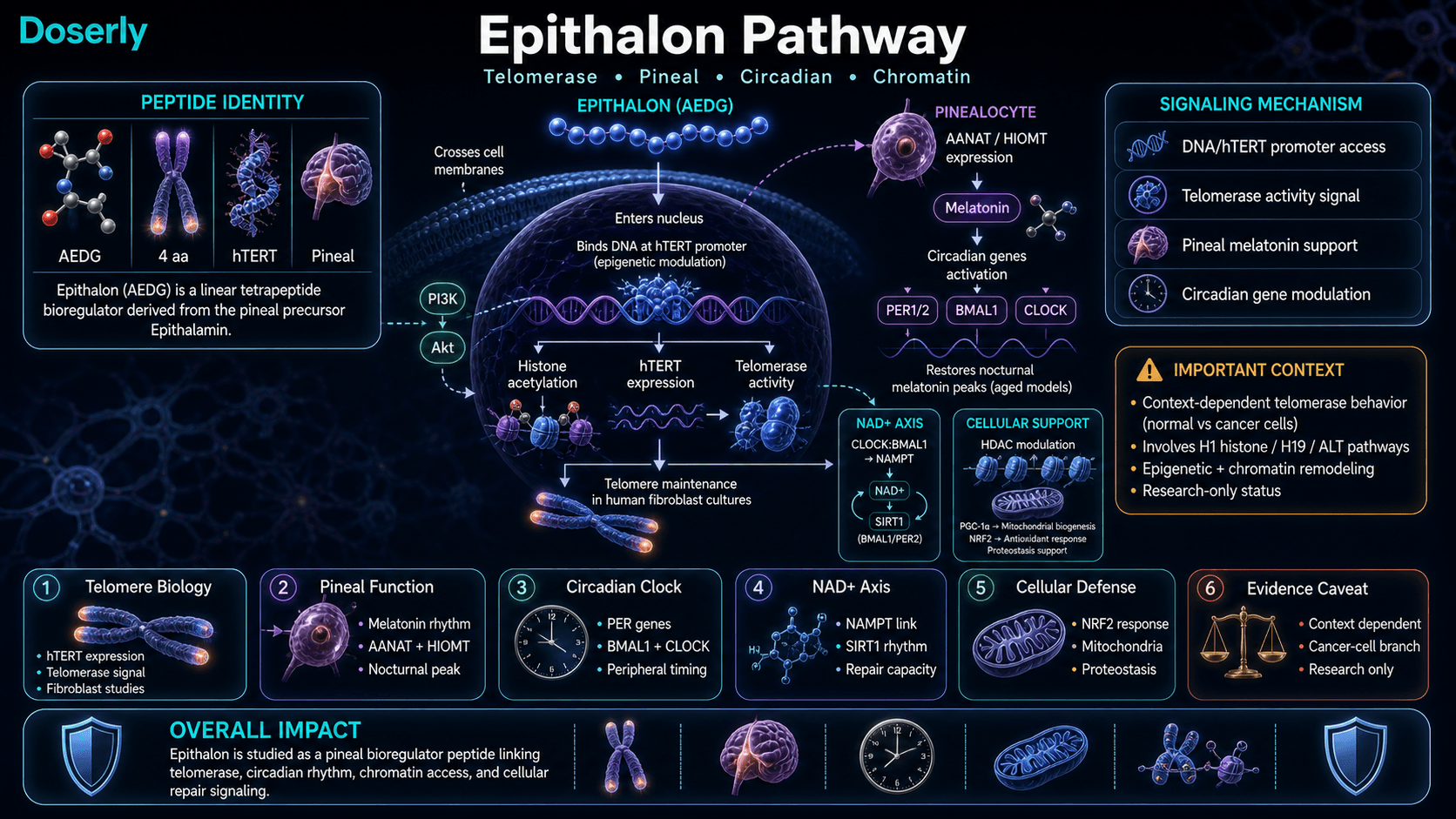 Epithalon pathway infographic showing AEDG tetrapeptide identity, DNA and hTERT promoter access, histone acetylation, telomerase activity, telomere biology, pineal AANAT and HIOMT melatonin support, PER BMAL1 CLOCK circadian genes, NAD plus SIRT1 rhythm, NRF2 cellular defense, and evidence caveat.