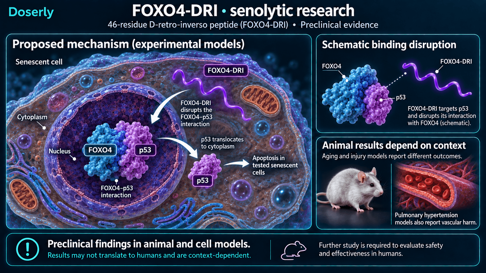 Perturbation expérimentale de l’interaction FOXO4–p53 par FOXO4-DRI, avec des résultats animaux dépendant du contexte.