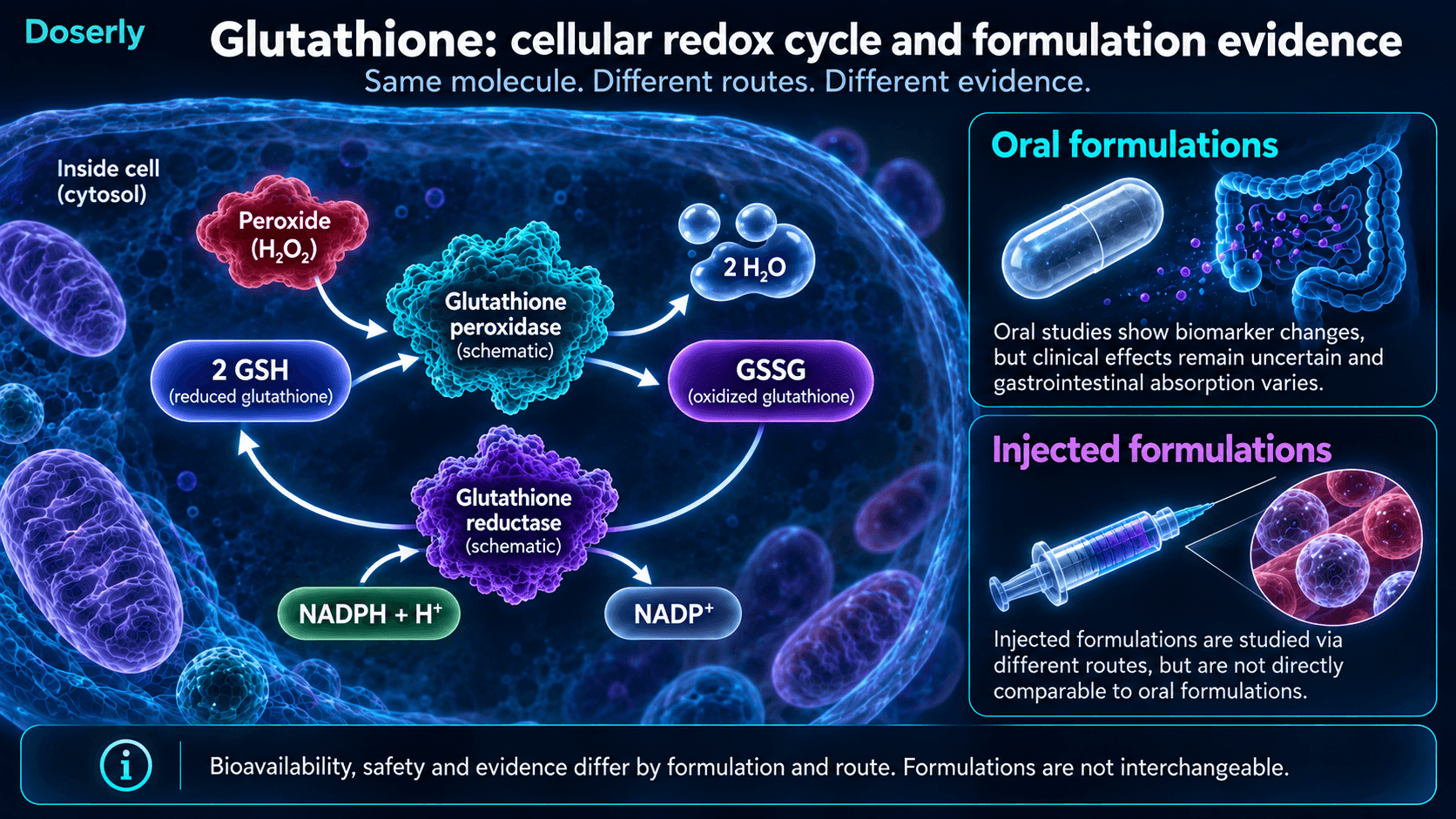 Cycle d’oxydoréduction du glutathion dans la cellule, avec des données distinctes pour les formulations orales et injectées.