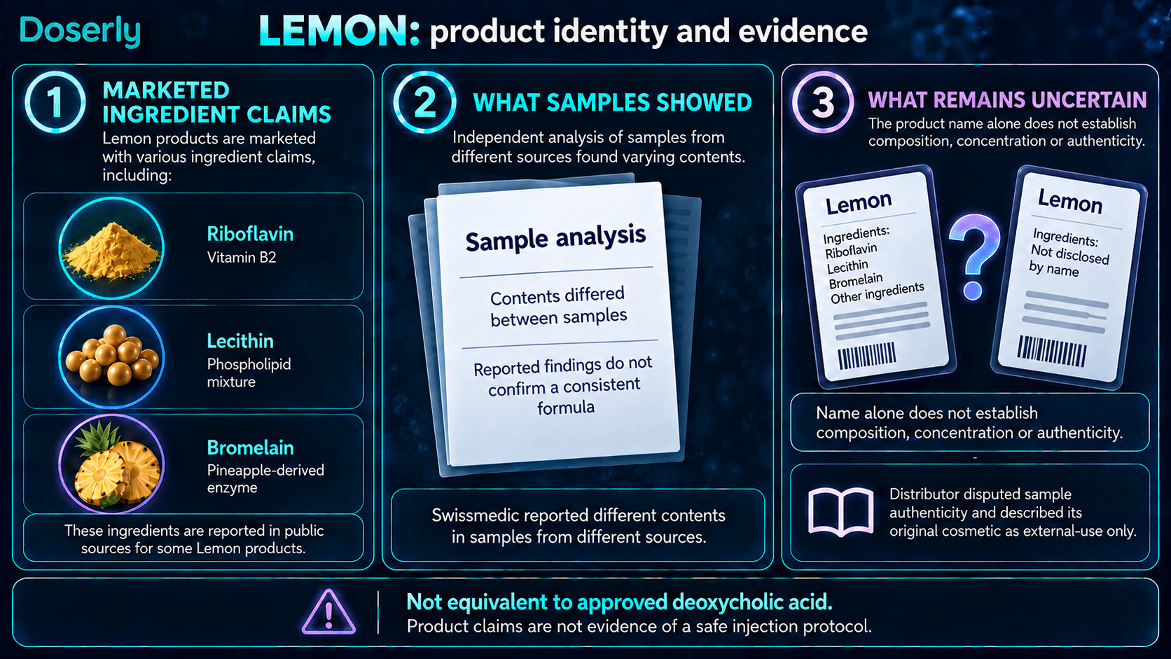 Allégations sur les ingrédients des produits Lemon, variations rapportées en laboratoire et composition incertaine, sans mécanisme injectable validé.