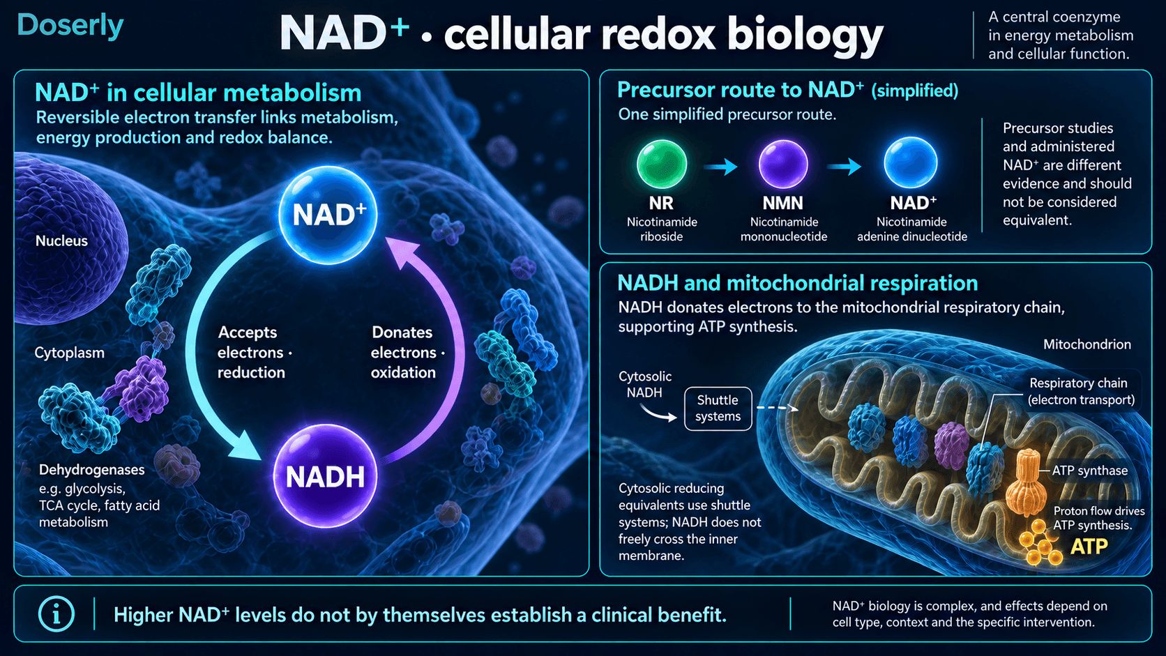 Cycle de transfert d’électrons NAD+/NADH, voie des précurseurs et navettes mitochondriales, avec les limites des données cliniques.