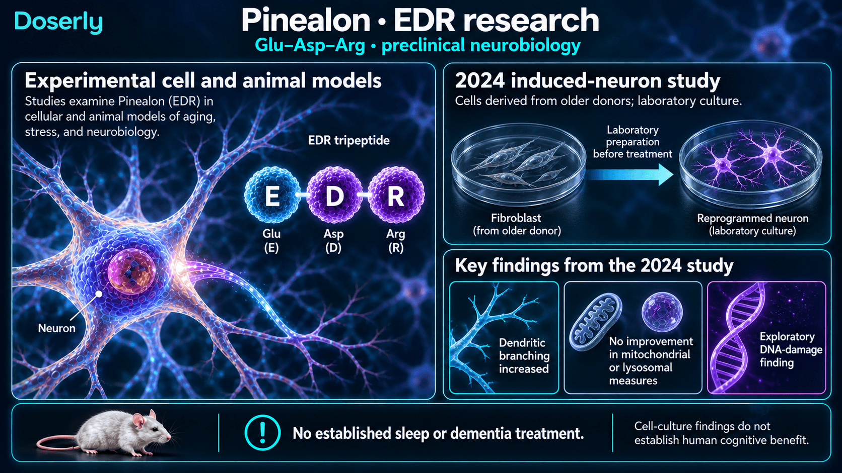 Pinealon EDR and cultured-neuron findings, including increased branching, unchanged mitochondrial measures and exploratory DNA results.