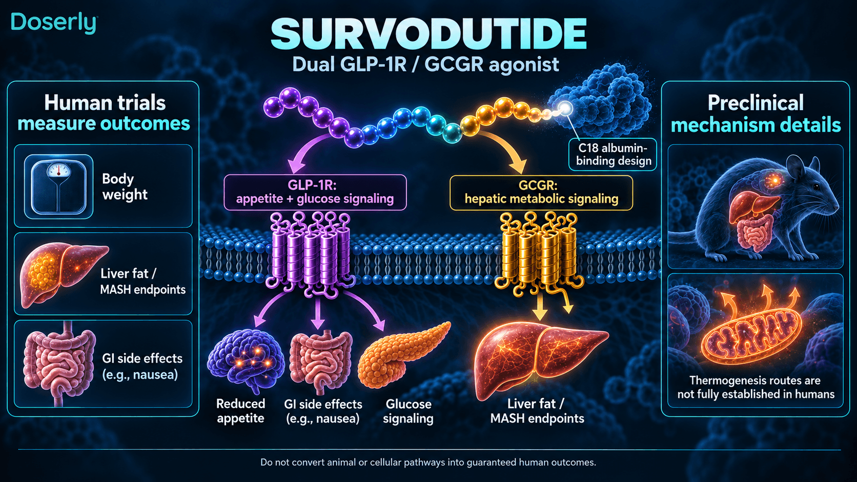 Voies des récepteurs du GLP-1 et du glucagon activées par le survodutide, distinguant les critères cliniques humains des recherches animales.