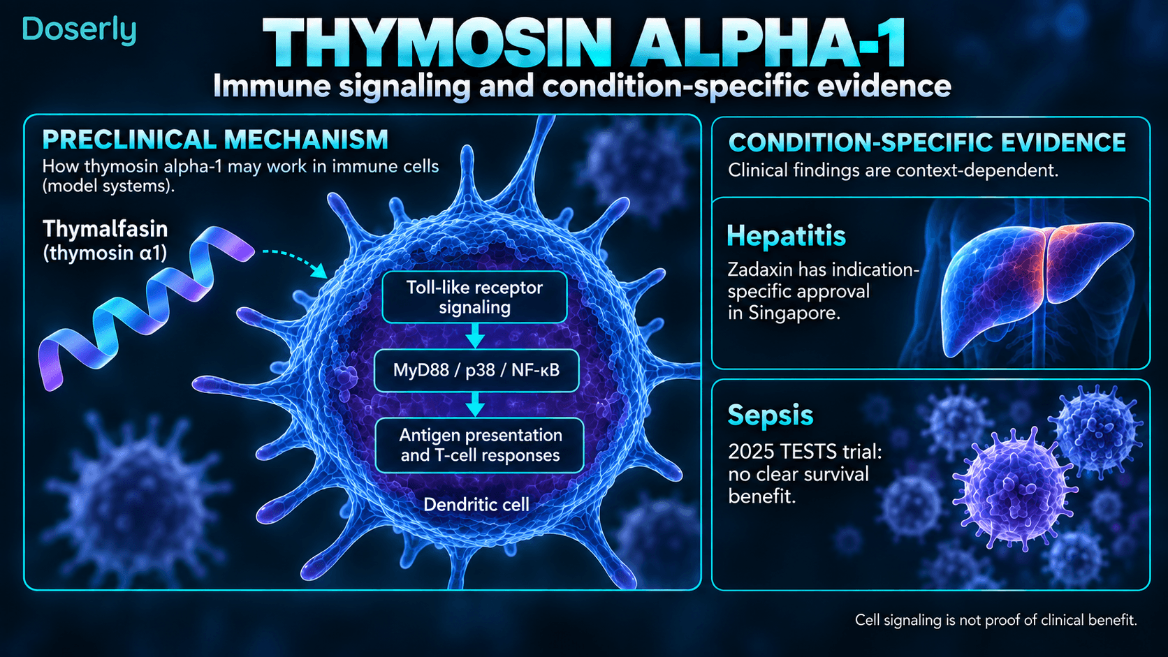 Signalisation immunitaire de la thymosine alpha-1 et recherches propres à certaines maladies, distinguant les mécanismes précliniques des données cliniques.