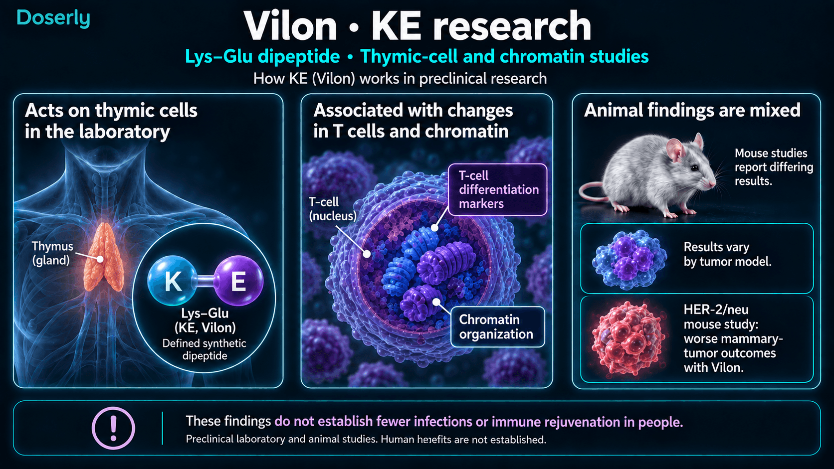 Recherche sur le dipeptide Lys–Glu Vilon dans les cellules thymiques et la chromatine, avec résultats variables dans les modèles tumoraux animaux.