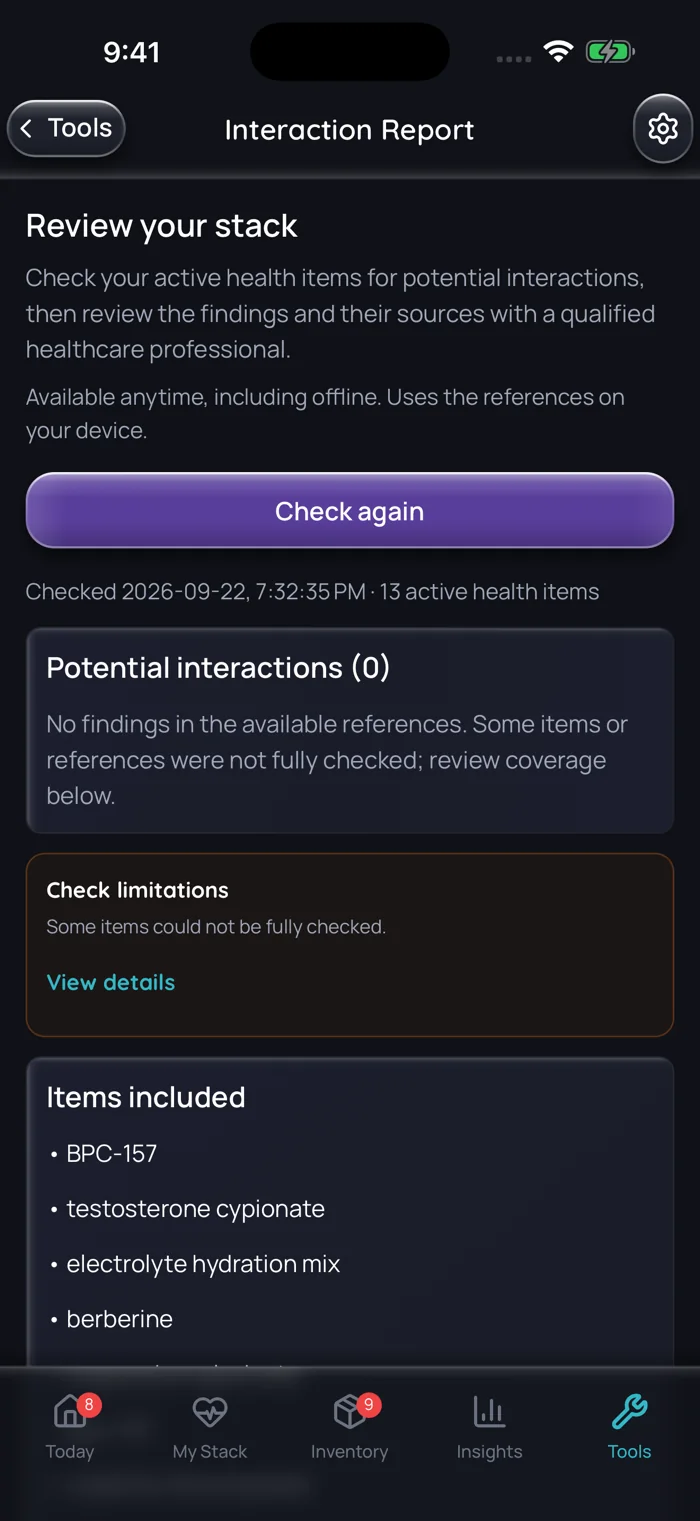 Doserly interaction report for an example stack, showing no findings in the available references and a note that some items could not be fully checked.