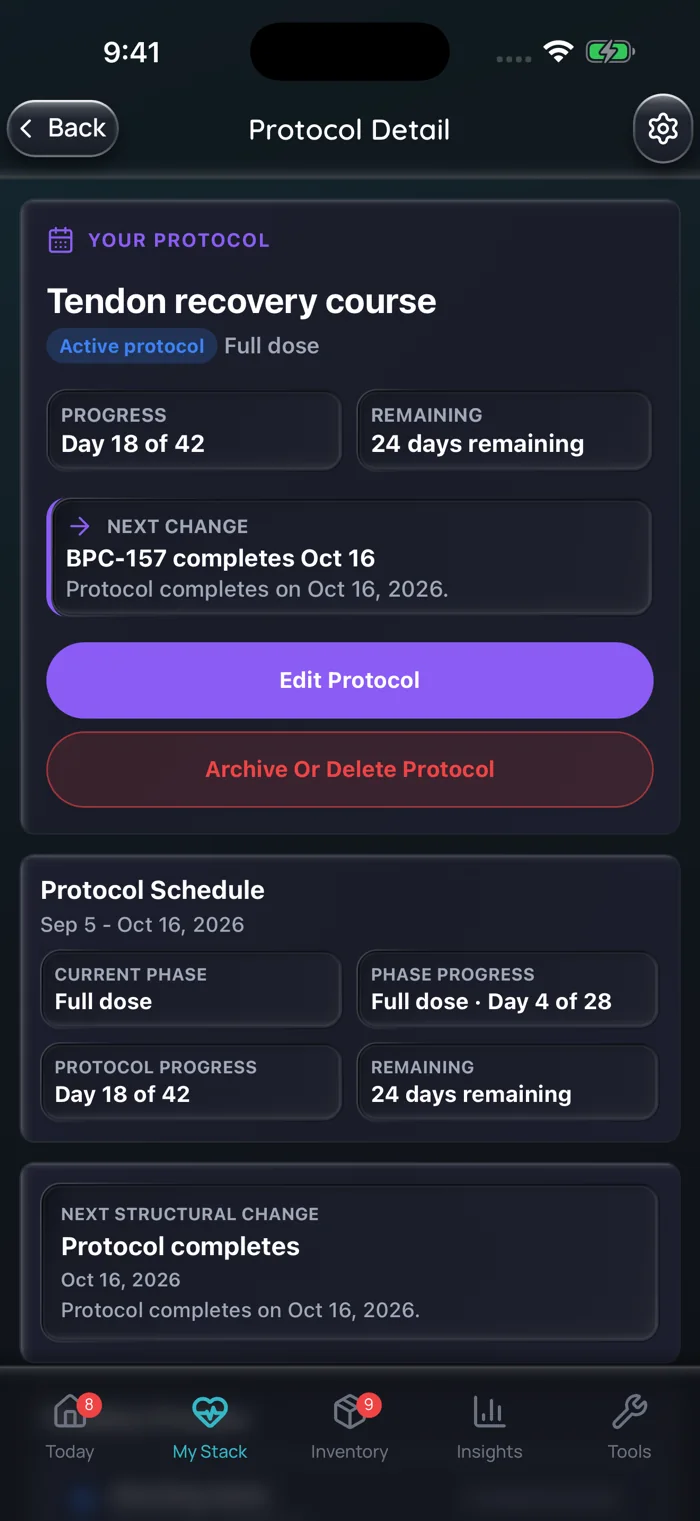 Doserly protocol summary for an example course, showing the day of the course, days remaining and the next change.