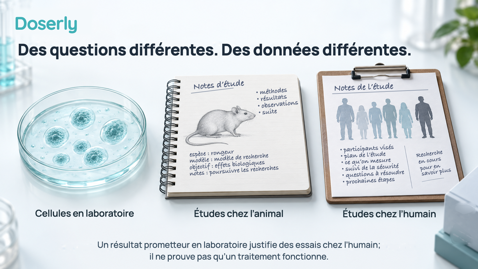Comparaison conceptuelle de cellules dans une boîte de laboratoire, d’un carnet d’étude sur des animaux et de dossiers d’études chez l’humain. Chacun répond à une question de recherche différente.