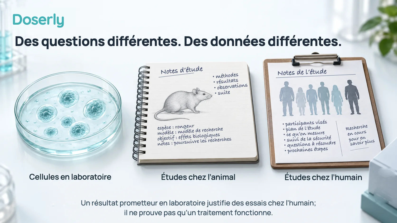 Hiérarchie de Doserly distinguant les biomarqueurs, l’imagerie et les résultats cliniques.