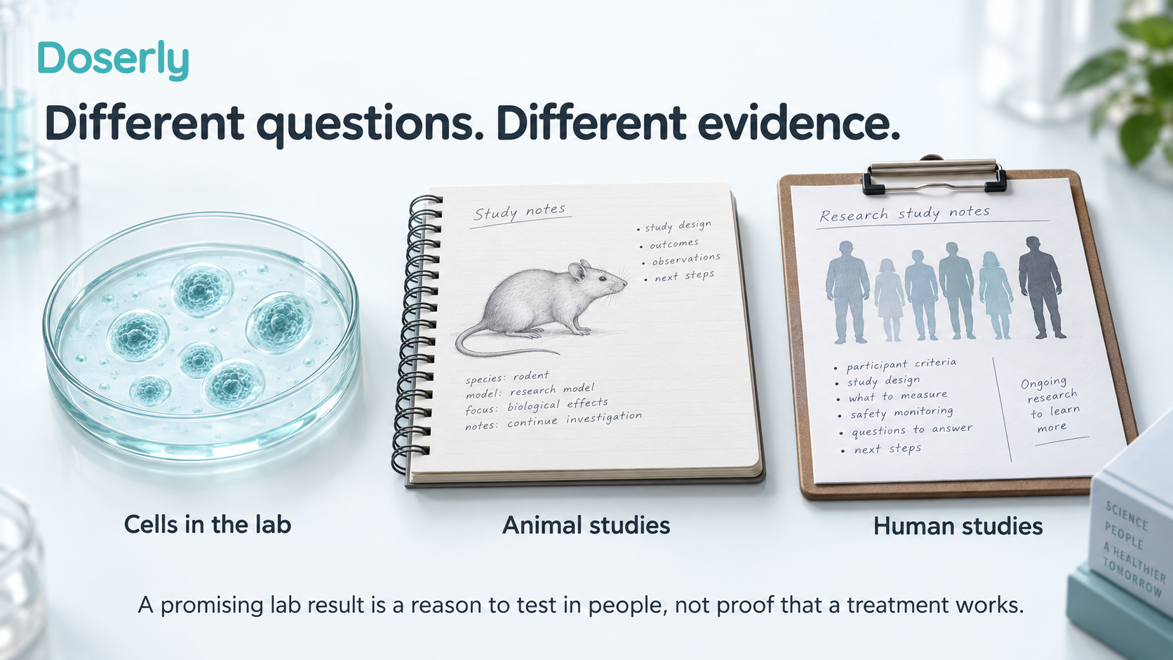 Conceptual comparison of cells in a laboratory dish, an animal study notebook, and human study records. Each answers a different research question. A lab finding cannot by itself establish patient benefit.
