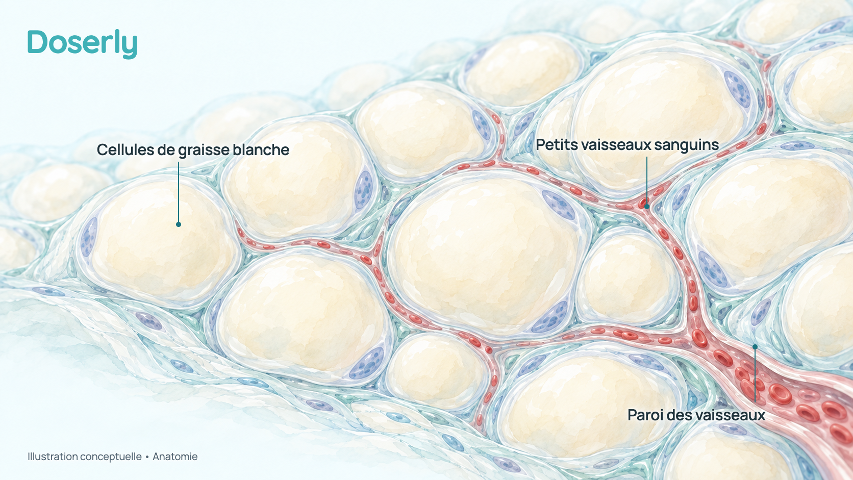 Illustration conceptuelle de la graisse blanche : de grandes cellules adipeuses arrondies traversées par un fin réseau de petits vaisseaux sanguins. Elle montre seulement l’anatomie, pas un effet de l’adipotide.