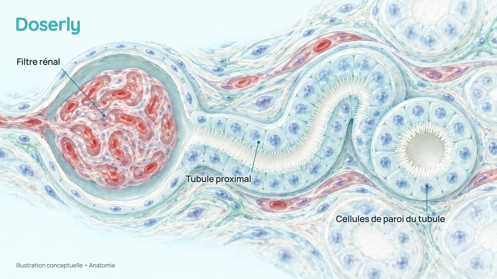 Anatomie conceptuelle simplifiée d’un tubule rénal.