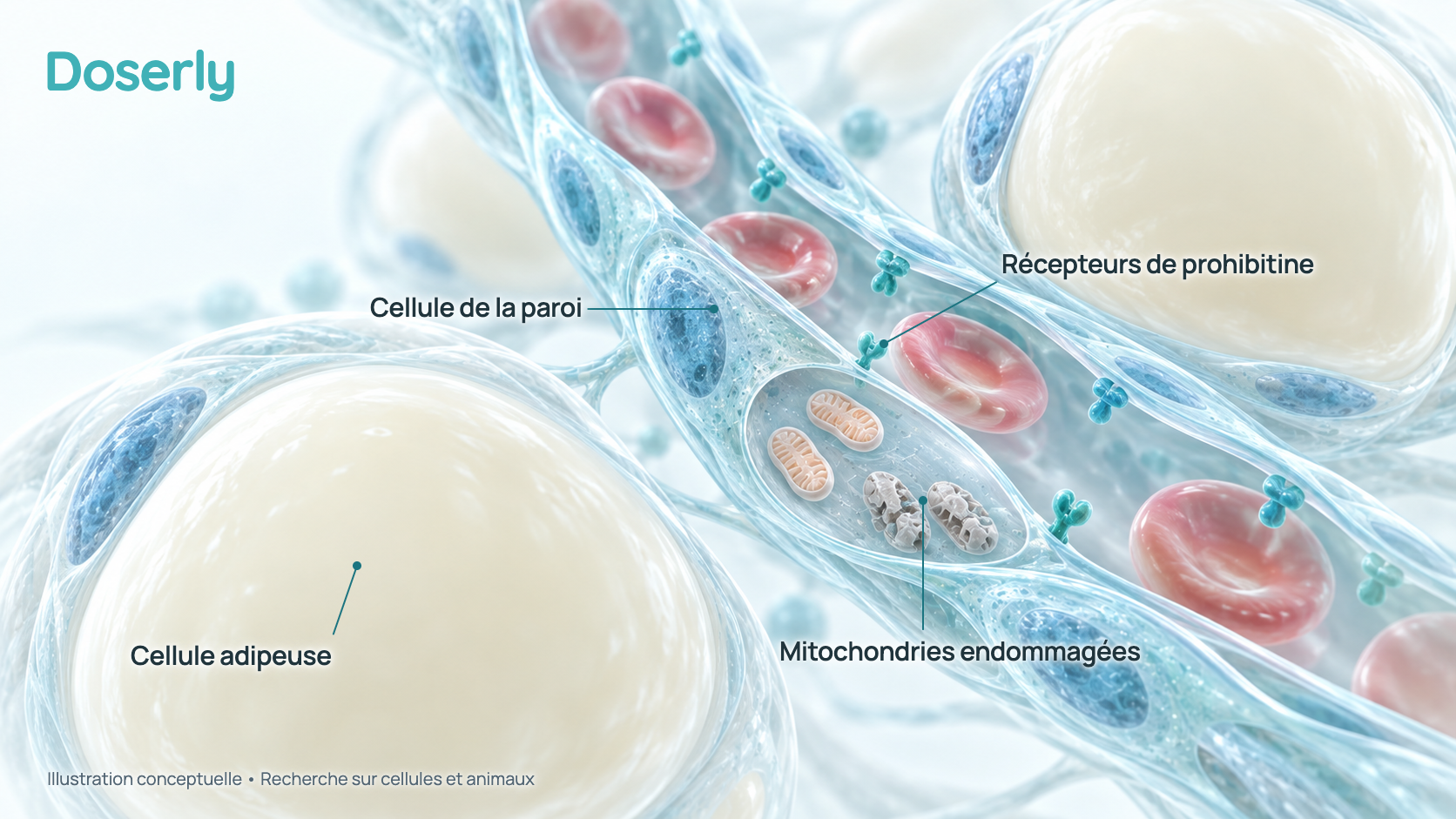 Illustration conceptuelle d’un petit vaisseau sanguin entre des cellules adipeuses, avec des protéines réceptrices sur les cellules de sa paroi et une cellule de la paroi lésée, aux mitochondries endommagées. Elle représente la recherche sur cellules et animaux, pas un effet démontré chez l’humain.