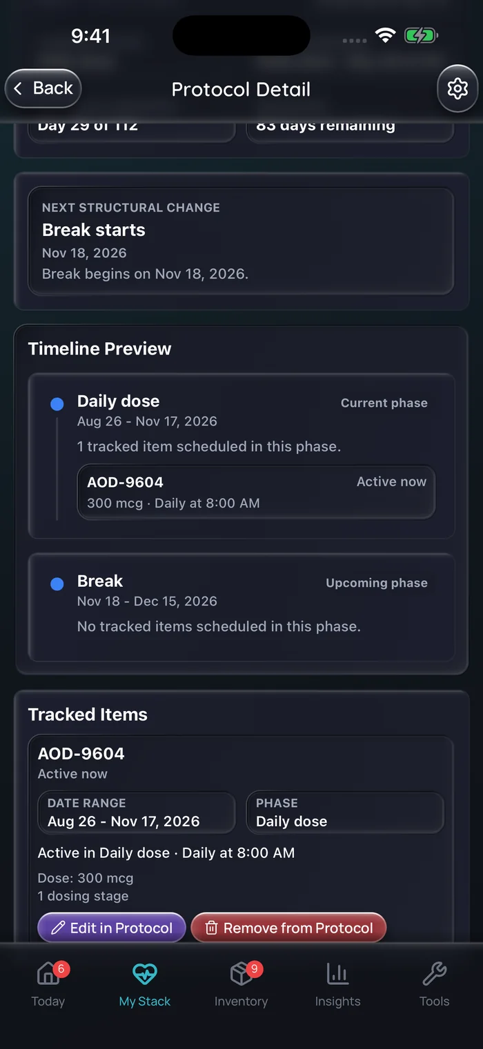 Capture de l’app Doserly (interface en anglais) : aperçu chronologique d’une cure d’AOD-9604 : une phase de dose quotidienne de 300 mcg par jour à 8 h du 26 août au 17 novembre, puis une pause de quatre semaines sans dose prévue.