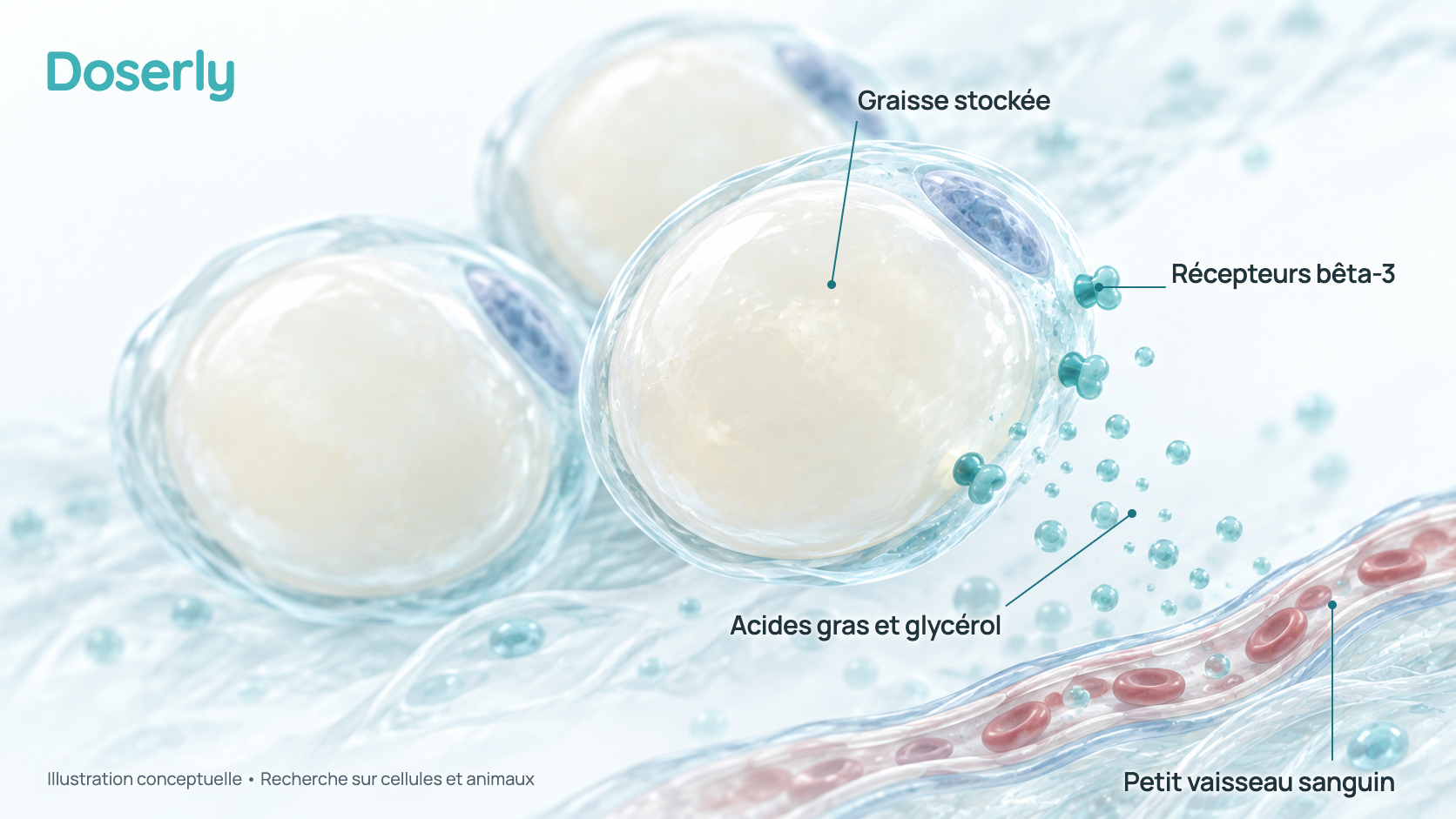 Illustration conceptuelle de cellules graisseuses, chacune remplie d’une grosse gouttelette de graisse stockée, avec des récepteurs à la surface de la cellule et des acides gras et du glycérol qui se dirigent vers un petit vaisseau sanguin. Elle représente la recherche sur cellules et chez l’animal, pas un effet démontré chez l’humain.