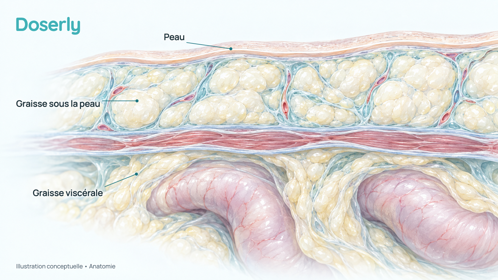 Coupe conceptuelle du ventre : une mince couche de peau, une épaisse couche de graisse sous-cutanée juste sous la peau, une mince paroi musculaire et, plus en profondeur, de la graisse enveloppant les intestins. L’image montre seulement l’anatomie, pas un effet de l’AOD-9604.