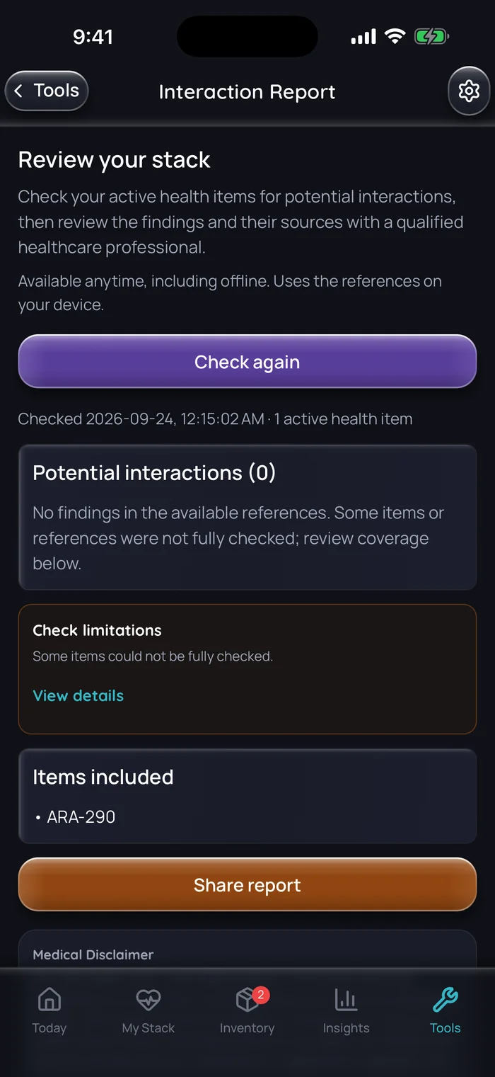 Capture de l’app Doserly (interface en anglais), données d’exemple : rapport d’interactions Doserly pour une combinaison avec un seul élément actif, l’ARA-290, ne montrant aucun résultat dans les références disponibles et indiquant que certains éléments n’ont pu être entièrement vérifiés.