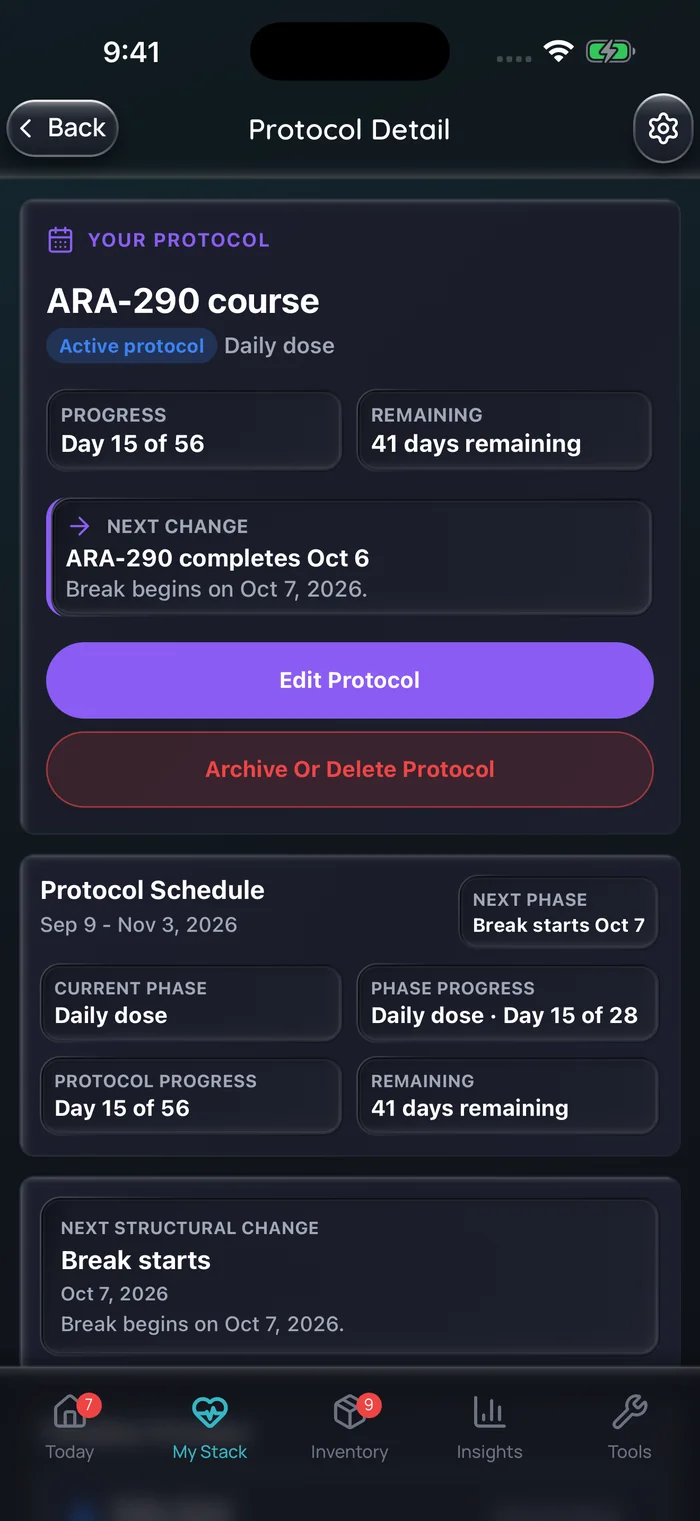Capture de l’app Doserly (interface en anglais), données d’exemple : détail d’une cure d’ARA-290 en phase de dose quotidienne, au jour 15 de 56 avec 41 jours restants, indiquant que l’ARA-290 se termine le 6 octobre et qu’une pause commence le 7 octobre.
