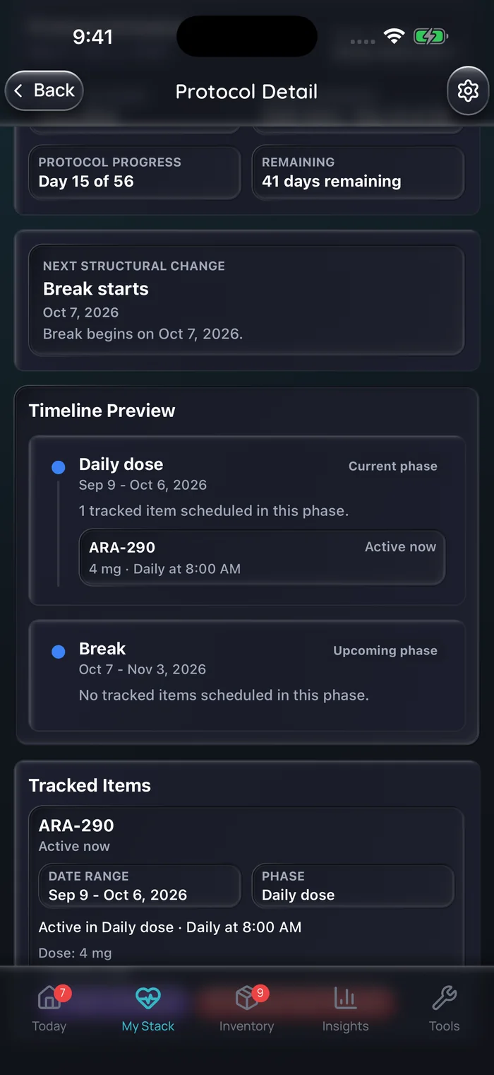 Capture de l’app Doserly (interface en anglais), données d’exemple : aperçu d’une cure d’ARA-290 avec une phase de dose quotidienne de 4 mg à 8 h du 9 septembre au 6 octobre, suivie d’une pause de quatre semaines sans dose prévue.