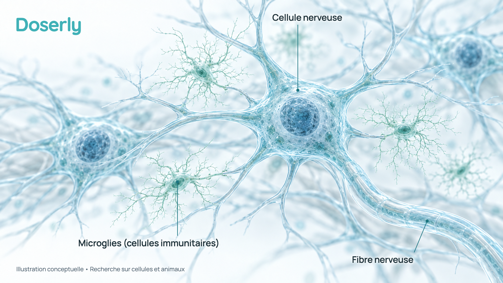 Illustration conceptuelle du tissu de la moelle épinière : de grandes cellules nerveuses avec des prolongements ramifiés et une longue fibre nerveuse, et de plus petites cellules immunitaires ramifiées, appelées microglies, entre elles. Elle représente des recherches chez l’animal, pas un effet démontré chez l’humain.