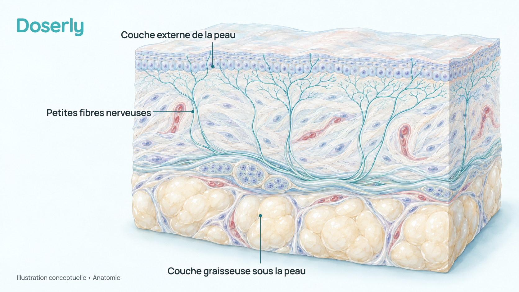 Coupe conceptuelle de la peau du bas de la jambe : une mince couche externe, une couche plus épaisse de tissu conjonctif où de fines fibres nerveuses montent vers la surface depuis un petit faisceau nerveux, et une couche graisseuse en dessous. Elle montre seulement l’anatomie normale, sans lésion nerveuse ni effet de l’ARA-290.