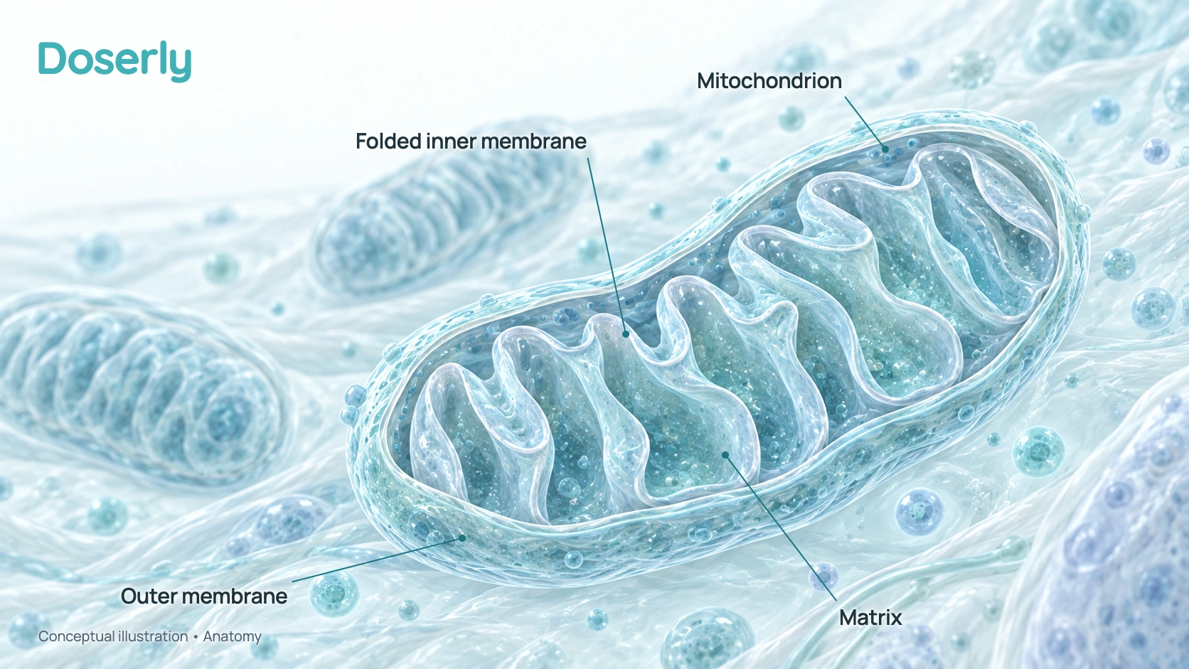 Conceptual mitochondrial anatomy showing the outer membrane, inner membrane and matrix.