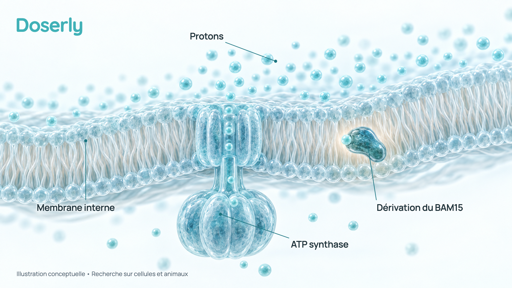 Illustration conceptuelle d’une portion de la membrane interne d’une mitochondrie, avec des protons entassés d’un côté, une protéine ATP synthase qui en laisse passer certains, et une petite molécule de BAM15 qui fait traverser un proton par une voie de dérivation, avec une légère lueur de chaleur. Les tailles ne sont pas à l’échelle. Elle représente de la recherche sur cellules et animaux, pas un effet mesuré chez l’humain.