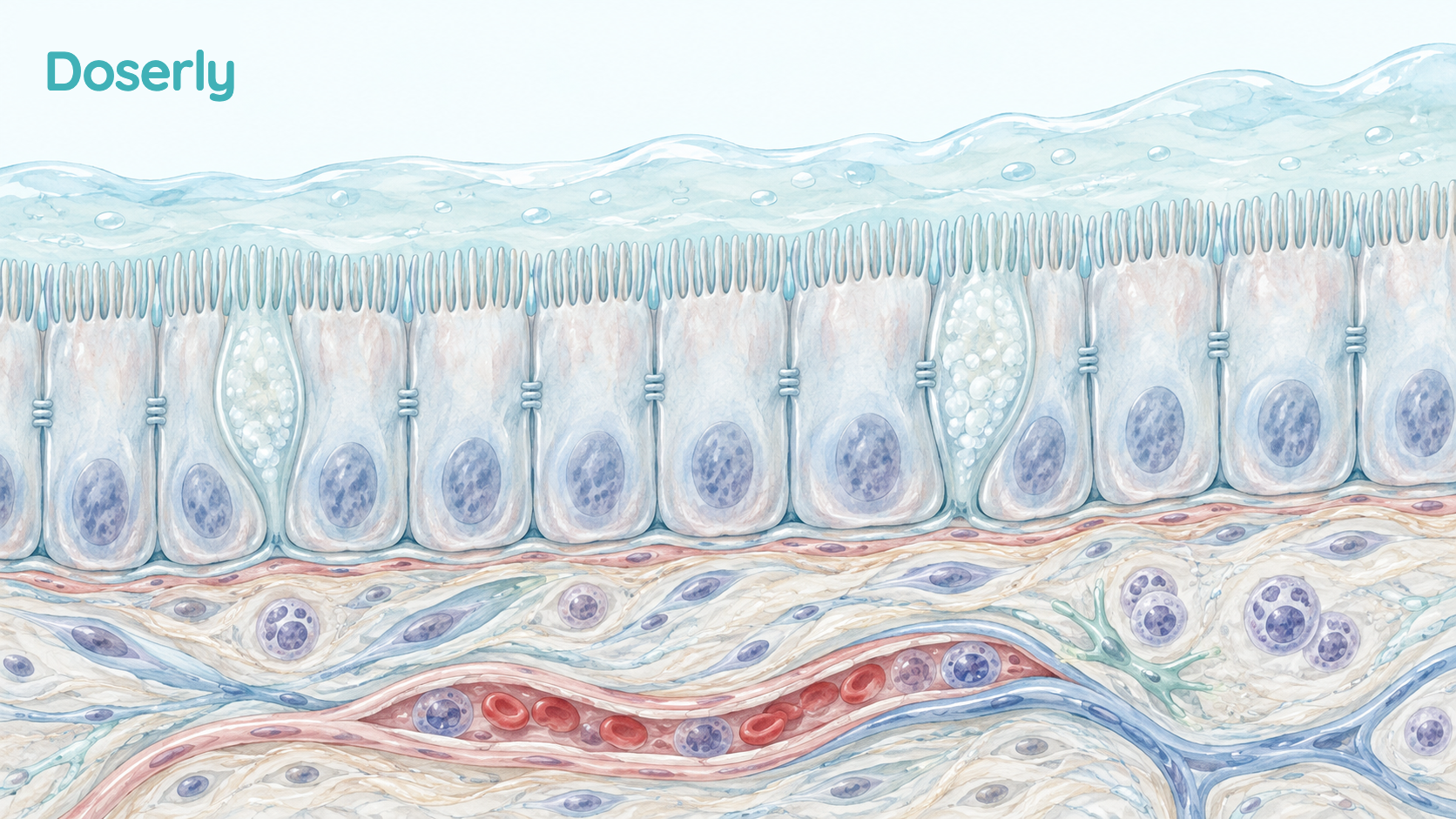 Illustration conceptuelle de la paroi intestinale, du mucus protecteur, ainsi que du tissu conjonctif et des capillaires sous-jacents.