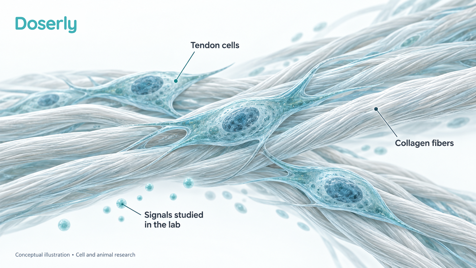 Illustration conceptuelle de cellules de tendon parmi des fibres de collagène, avec des signaux étudiés en laboratoire. Elle représente la recherche sur cellules et animaux, et non une guérison démontrée chez l’humain.