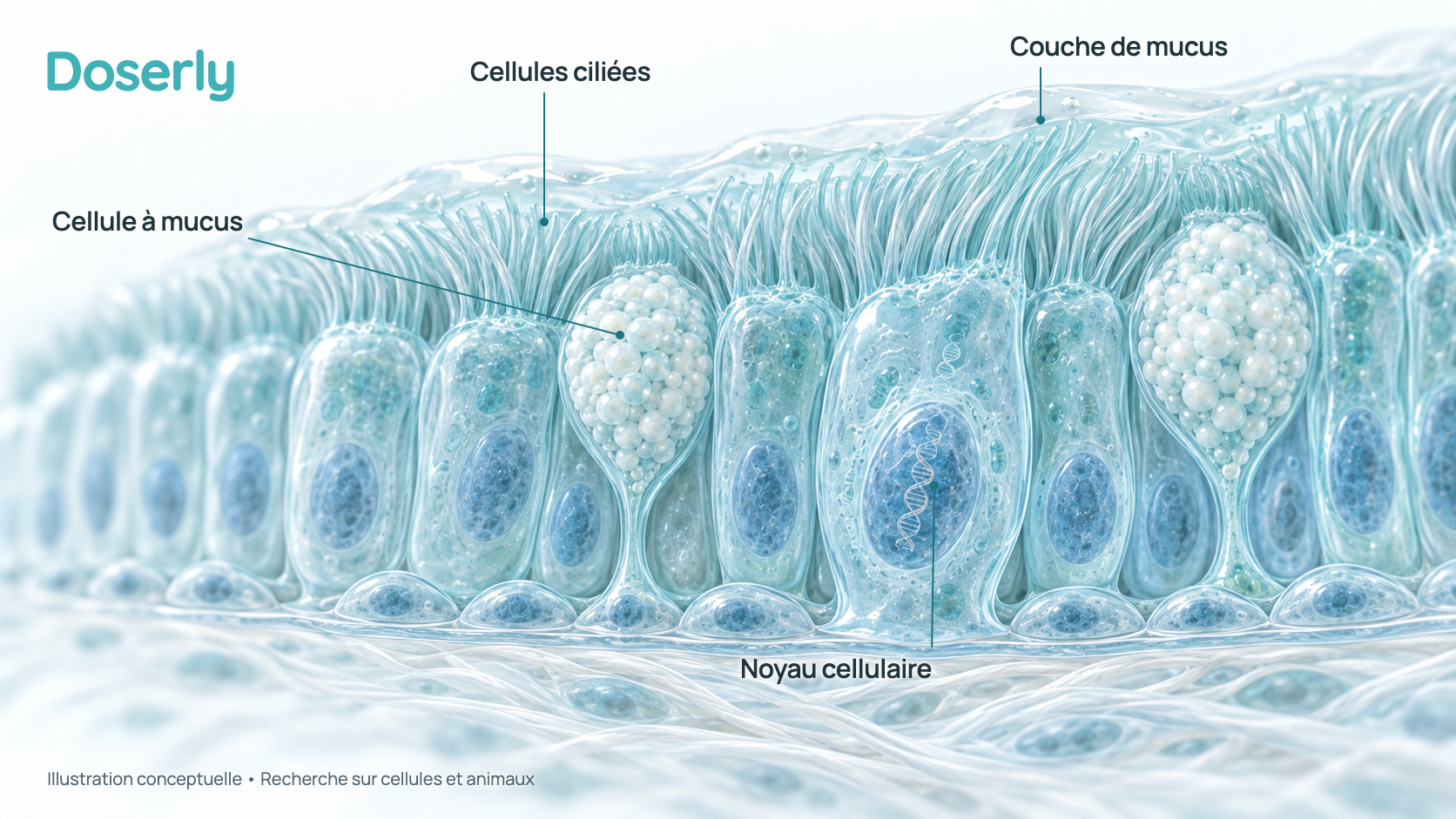Illustration conceptuelle de la muqueuse des voies respiratoires : de hautes cellules surmontées de fins cils semblables à des cheveux, des cellules à mucus en forme de coupe, une mince couche de mucus sur le dessus et un noyau dans chaque cellule. Elle représente de la recherche sur cellules et chez l’animal, pas un effet démontré du Bronchogen chez l’humain.