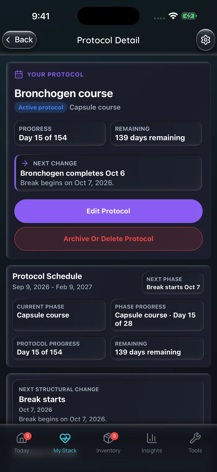 Capture de l’app Doserly (interface en anglais), données d’exemple : détails d’une cure de Bronchogen en capsules au jour 15 sur 154, avec 139 jours restants; les capsules se terminent le 6 octobre et une pause commence le 7 octobre.