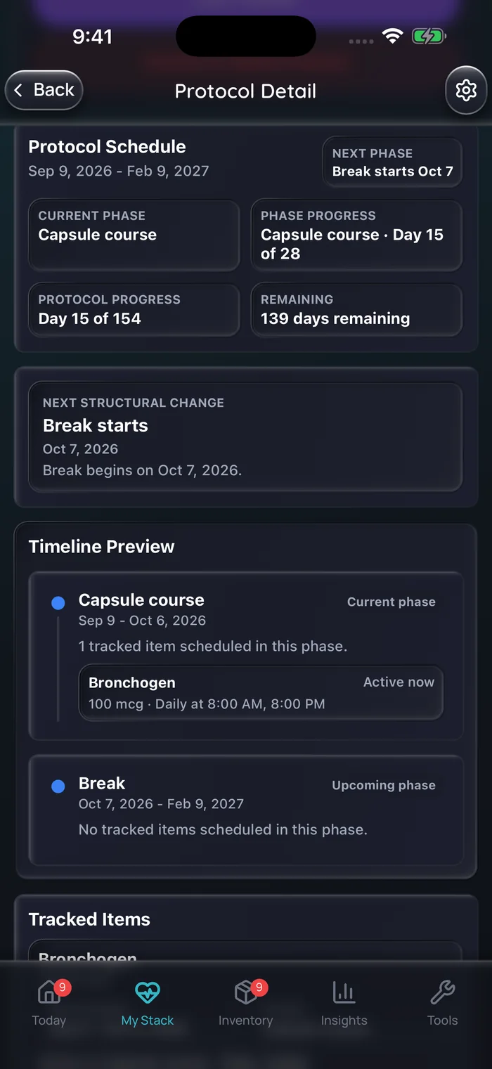 Capture de l’app Doserly (interface en anglais), données d’exemple : aperçu de la chronologie d’une cure de Bronchogen, avec quatre semaines de capsules de 100 mcg à 8 h et à 20 h du 9 septembre au 6 octobre, puis une pause de 18 semaines sans dose jusqu’au 9 février 2027.