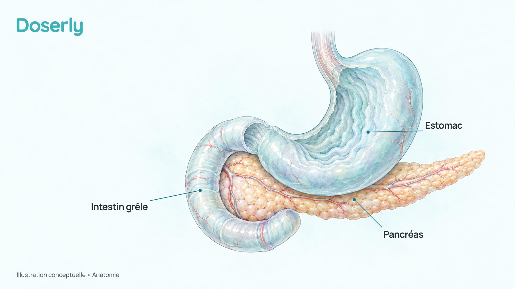 Illustration conceptuelle à l’aquarelle de l’estomac, du pancréas situé sous et derrière lui, et de la première partie de l’intestin grêle, qui s’enroule autour de la tête du pancréas. Elle montre seulement l’anatomie, pas un effet du cagrilintide.