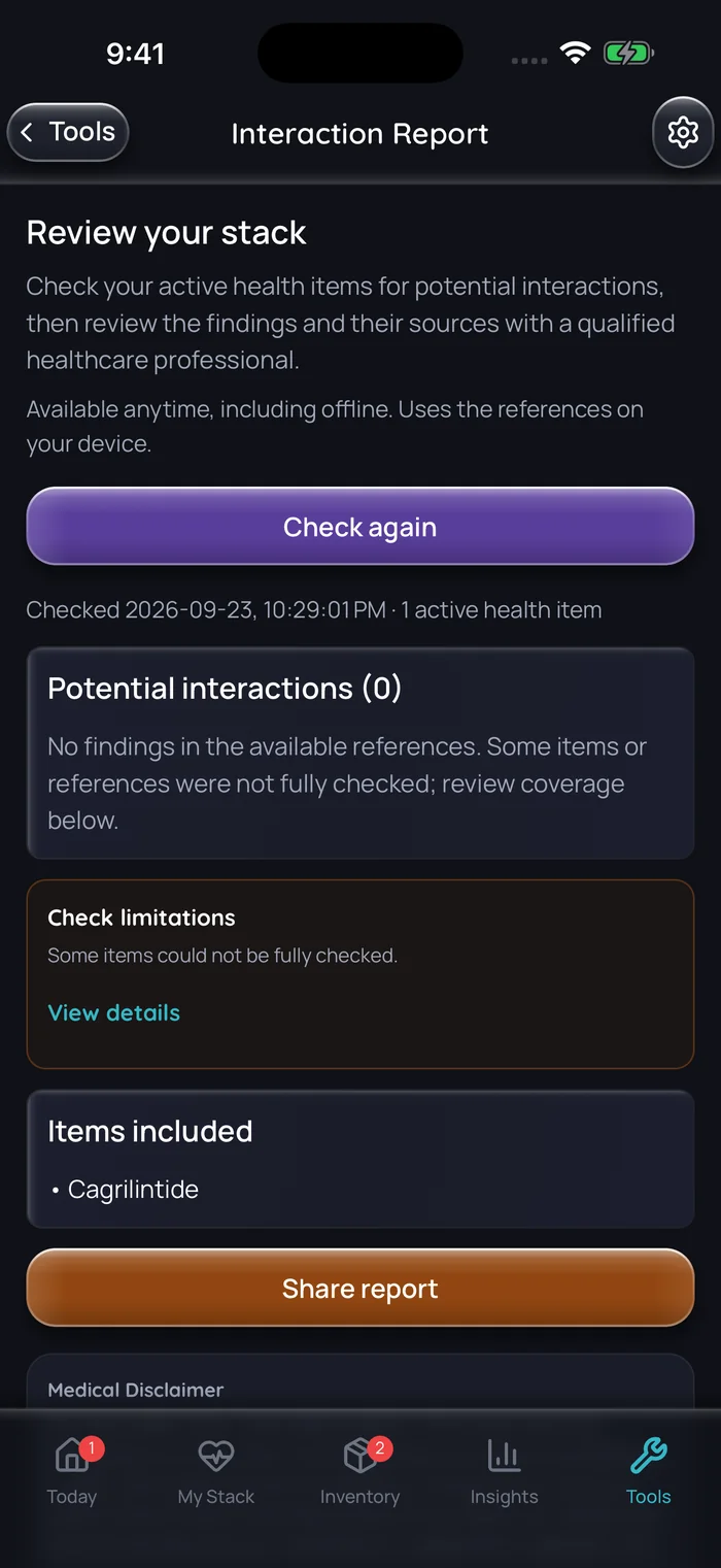 Capture de l’app Doserly (interface en anglais), données d’exemple : rapport d’interactions pour une combinaison comptant un seul élément actif, le cagrilintide, sans constatation dans les références disponibles, avec une note indiquant que certains éléments n’ont pas pu être entièrement vérifiés.