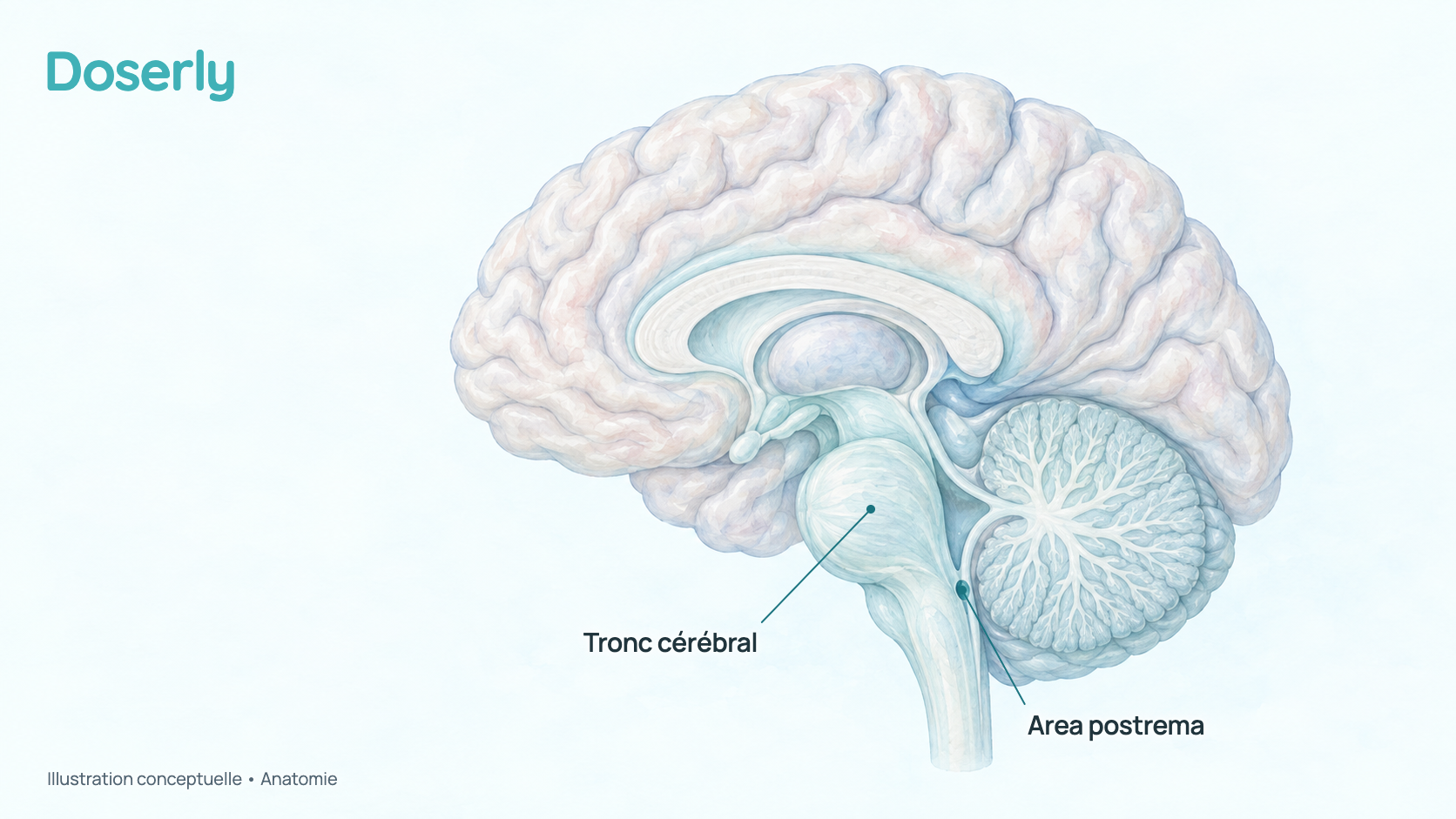 Illustration conceptuelle à l’aquarelle du cerveau coupé en son milieu, qui met en évidence le tronc cérébral et l’area postrema, une petite région située à l’arrière du tronc cérébral. Elle montre seulement l’anatomie; les résultats sur le cagrilintide dans cette région viennent d’études chez le rat et la souris.