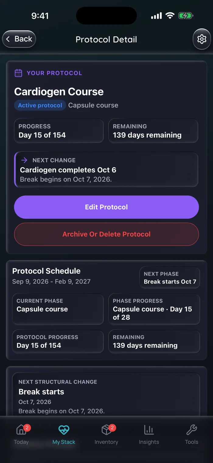 Capture de l’app Doserly (interface en anglais), données d’exemple : détails d’une cure de Cardiogen en capsules au jour 15 sur 154, avec 139 jours restants; les capsules se terminent le 6 octobre et une pause commence le 7 octobre.