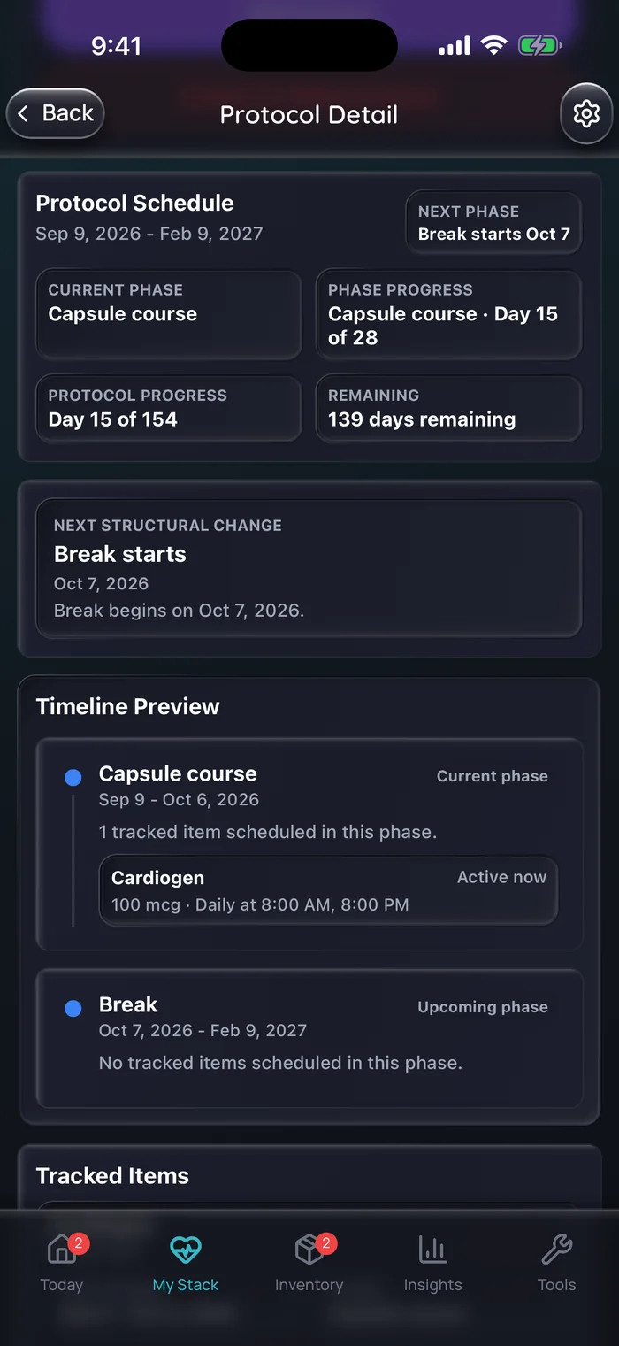 Capture de l’app Doserly (interface en anglais), données d’exemple : aperçu d’une cure de Cardiogen, avec quatre semaines de capsules de 100 mcg à 8 h et à 20 h du 9 septembre au 6 octobre, puis une pause de 18 semaines sans dose jusqu’au 9 février 2027.