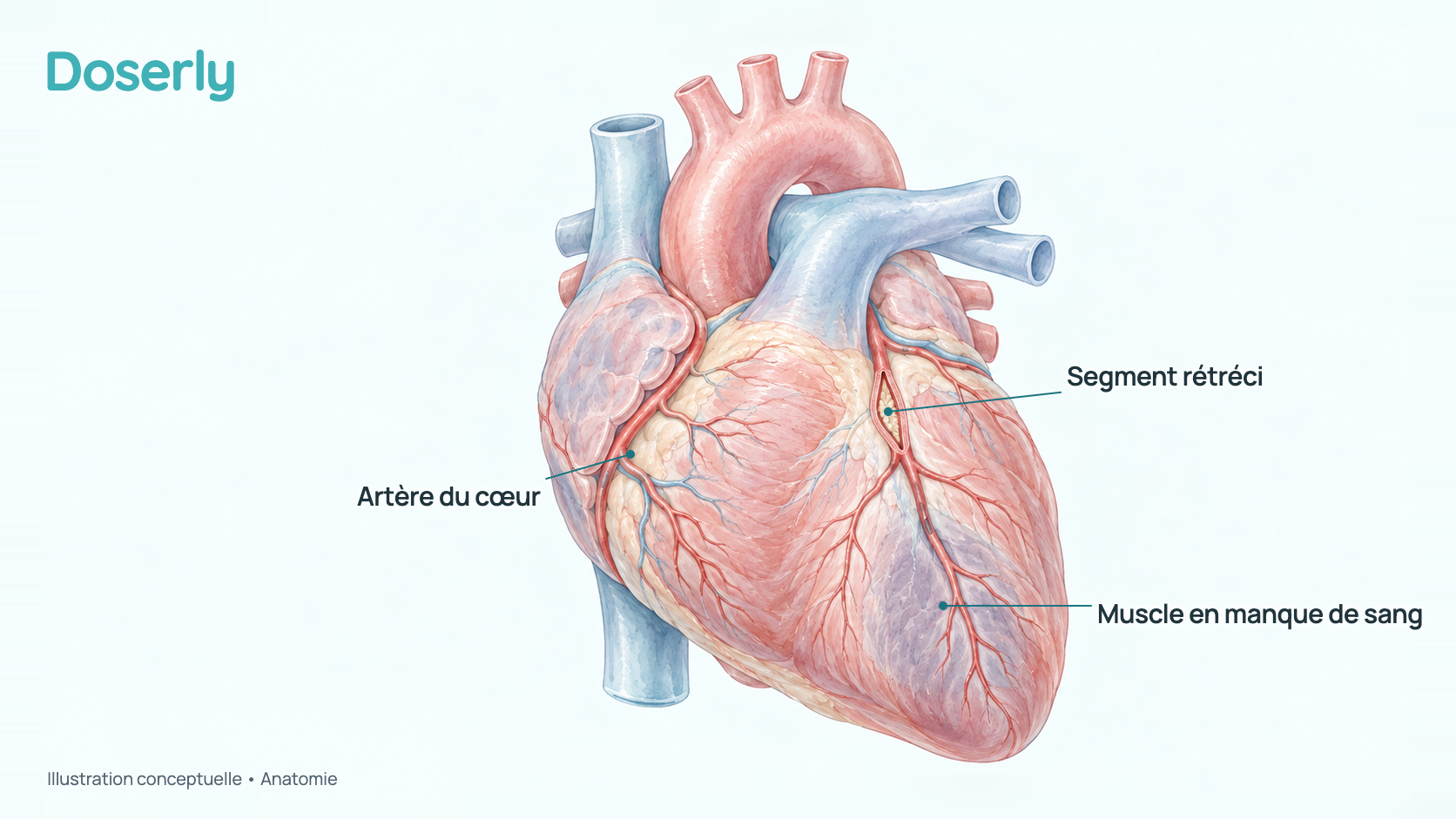 Illustration conceptuelle du cœur vu de face, avec des artères à sa surface, une artère ouverte montrant un rétrécissement et, au-delà, une zone plus pâle du muscle cardiaque qui manque de sang. Elle montre seulement l’anatomie, pas un effet du Cardiogen.