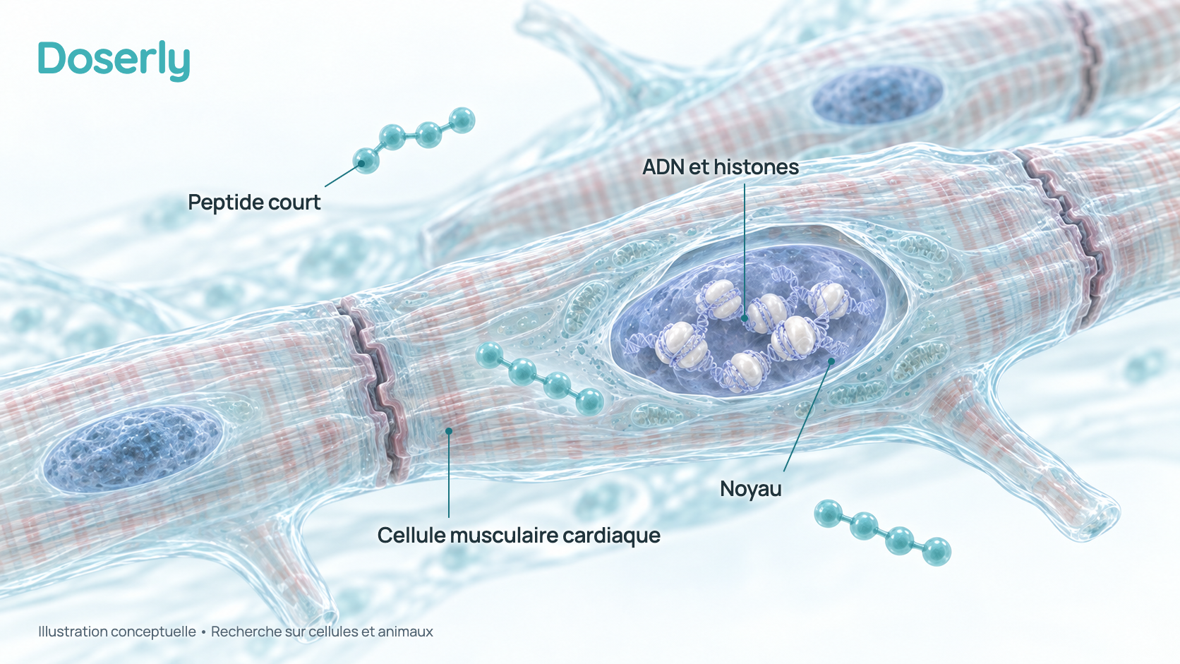 Illustration conceptuelle de cellules musculaires cardiaques striées, dont l’une est ouverte pour montrer son noyau avec l’ADN enroulé autour de protéines histones, et de petites chaînes peptidiques à quatre perles à proximité. Elle montre l’hypothèse des concepteurs, pas un effet démontré dans les cellules cardiaques ou chez l’humain.