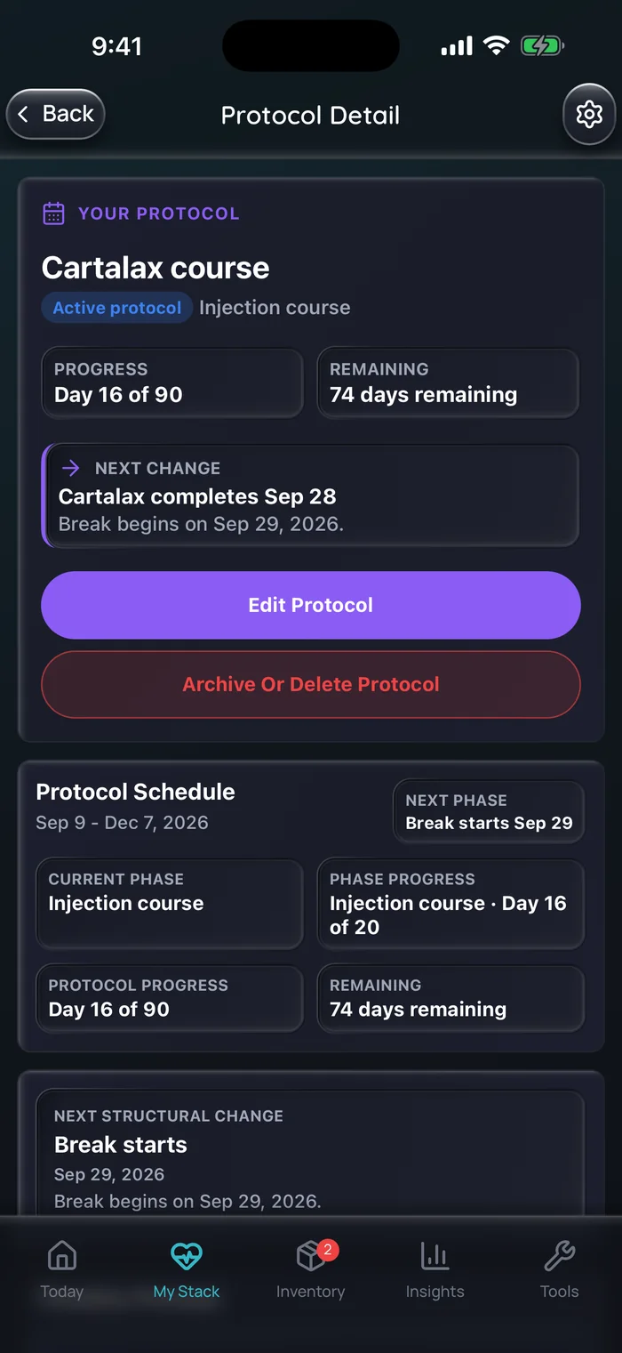 Capture de l’app Doserly (interface en anglais), données d’exemple : détails d’une cure de Cartalax au jour 16 sur 90, avec 74 jours restants; les injections se terminent le 28 septembre et une pause commence le 29 septembre.