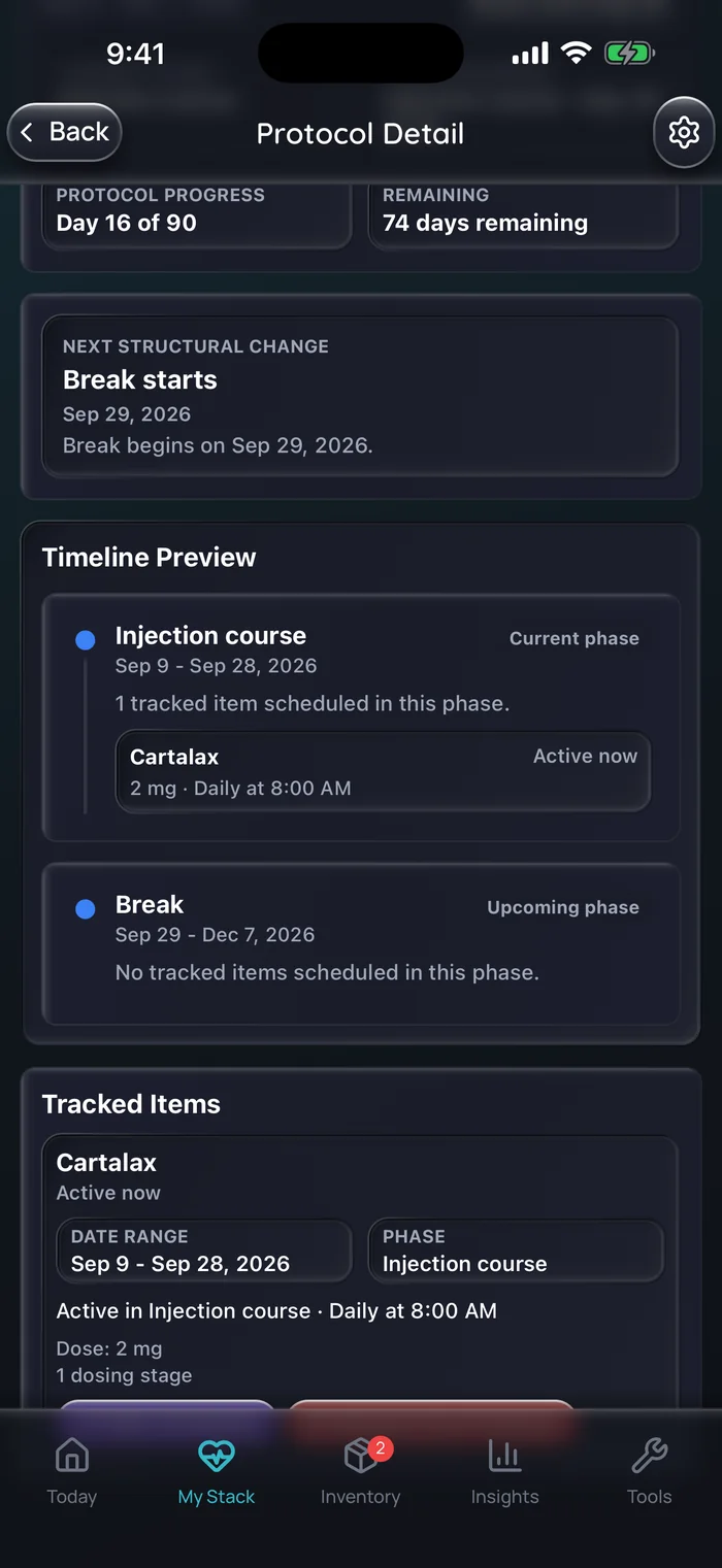 Capture de l’app Doserly (interface en anglais), données d’exemple : aperçu de l’échéancier d’une cure de Cartalax, avec 20 jours d’injections de 2 mg par jour à 8 h, du 9 au 28 septembre, puis une pause de 70 jours sans dose jusqu’au 7 décembre.