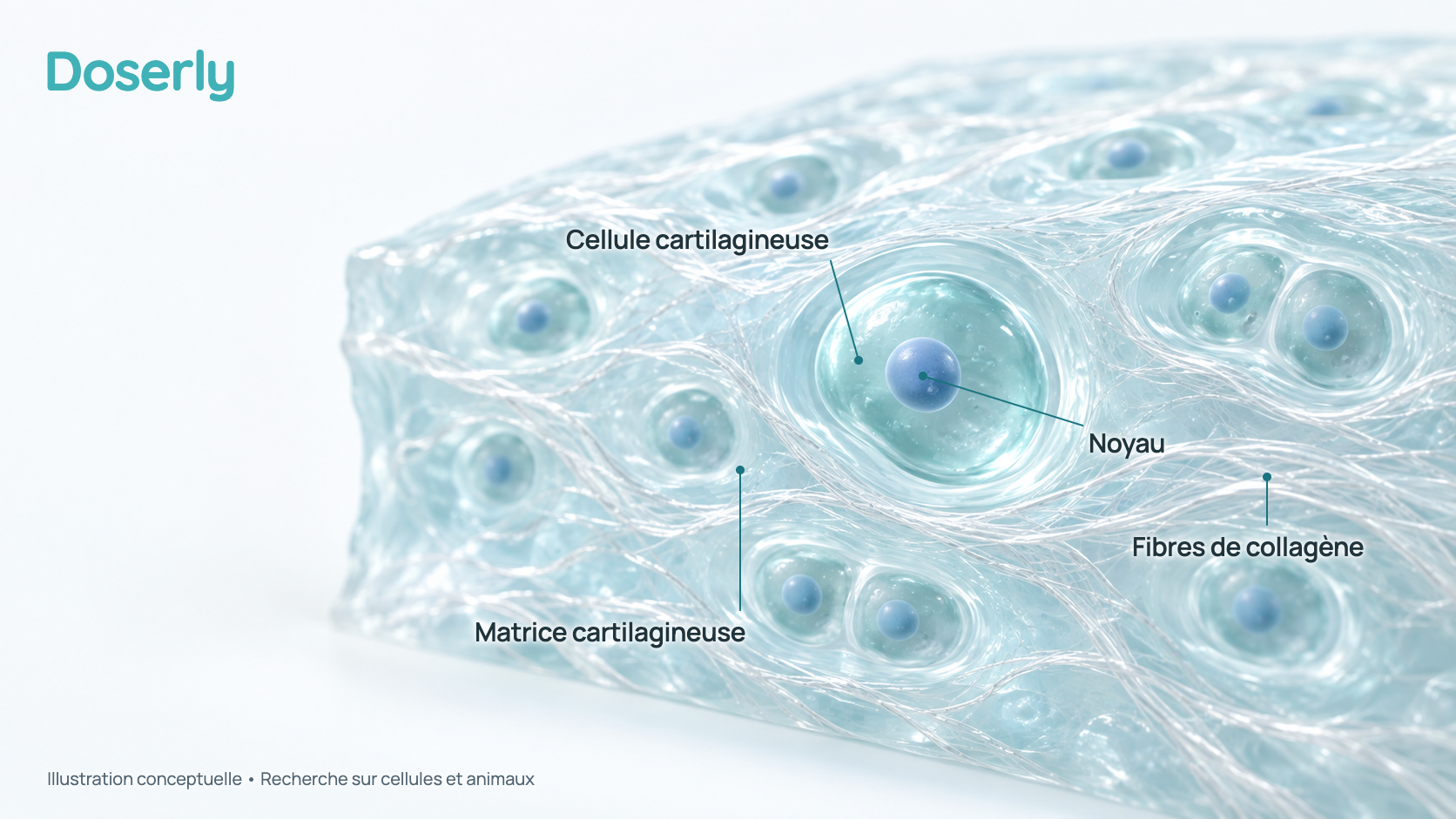 Gros plan conceptuel du cartilage articulaire : cellules cartilagineuses arrondies, chacune dotée d’un noyau bleu, logées dans de petites cavités d’une matrice claire traversée de fines fibres de collagène, sans vaisseaux sanguins. L’image représente la recherche sur cellules et animaux, pas un effet démontré chez l’humain.