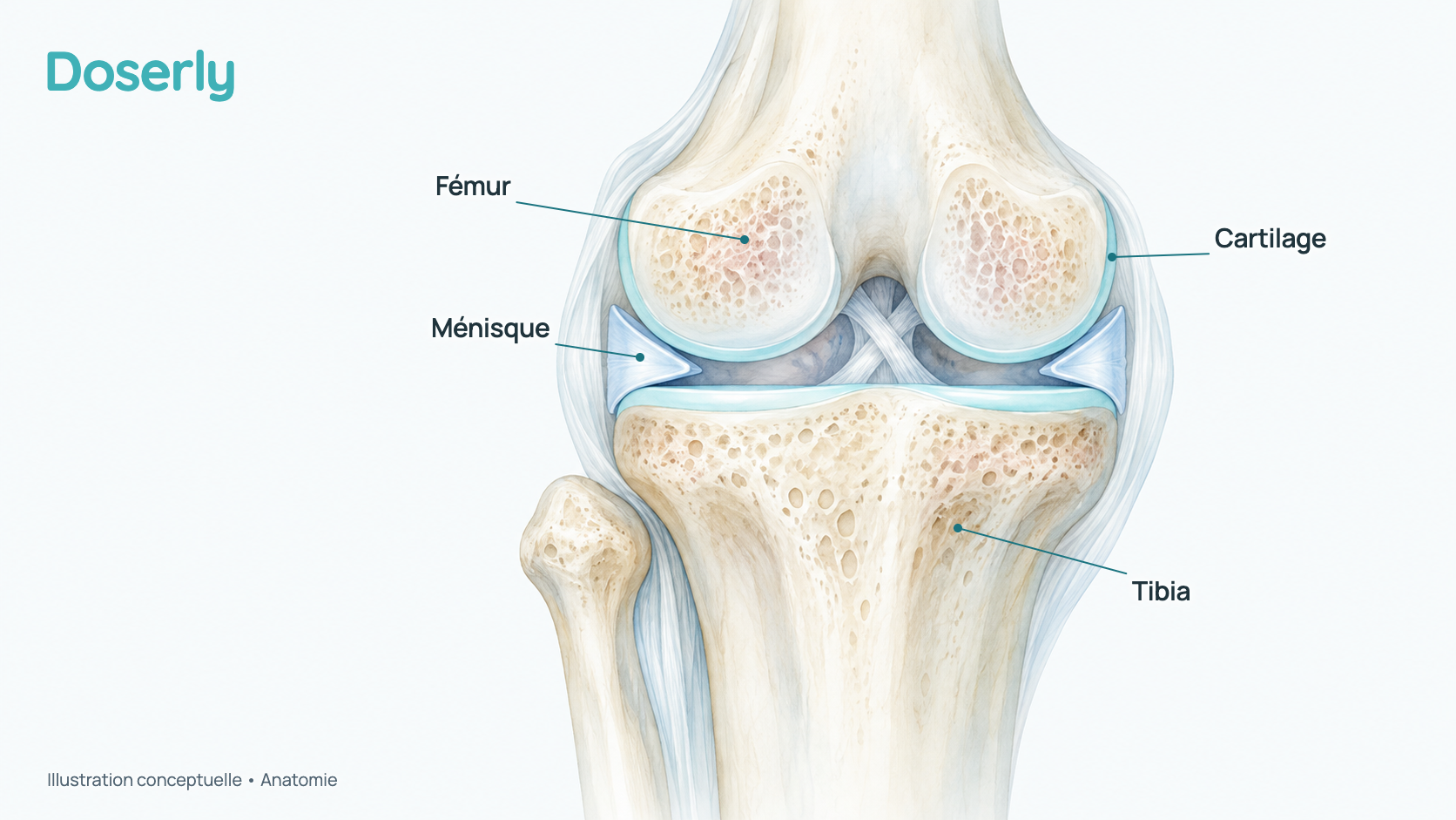 Coupe conceptuelle d’un genou vu de face : l’extrémité de l’os de la cuisse en haut, le haut du tibia en bas, une couche lisse de cartilage sur les extrémités des deux os et un ménisque en forme de coin entre eux sur le côté de l’articulation. L’image montre seulement l’anatomie normale, pas un effet du Cartalax.